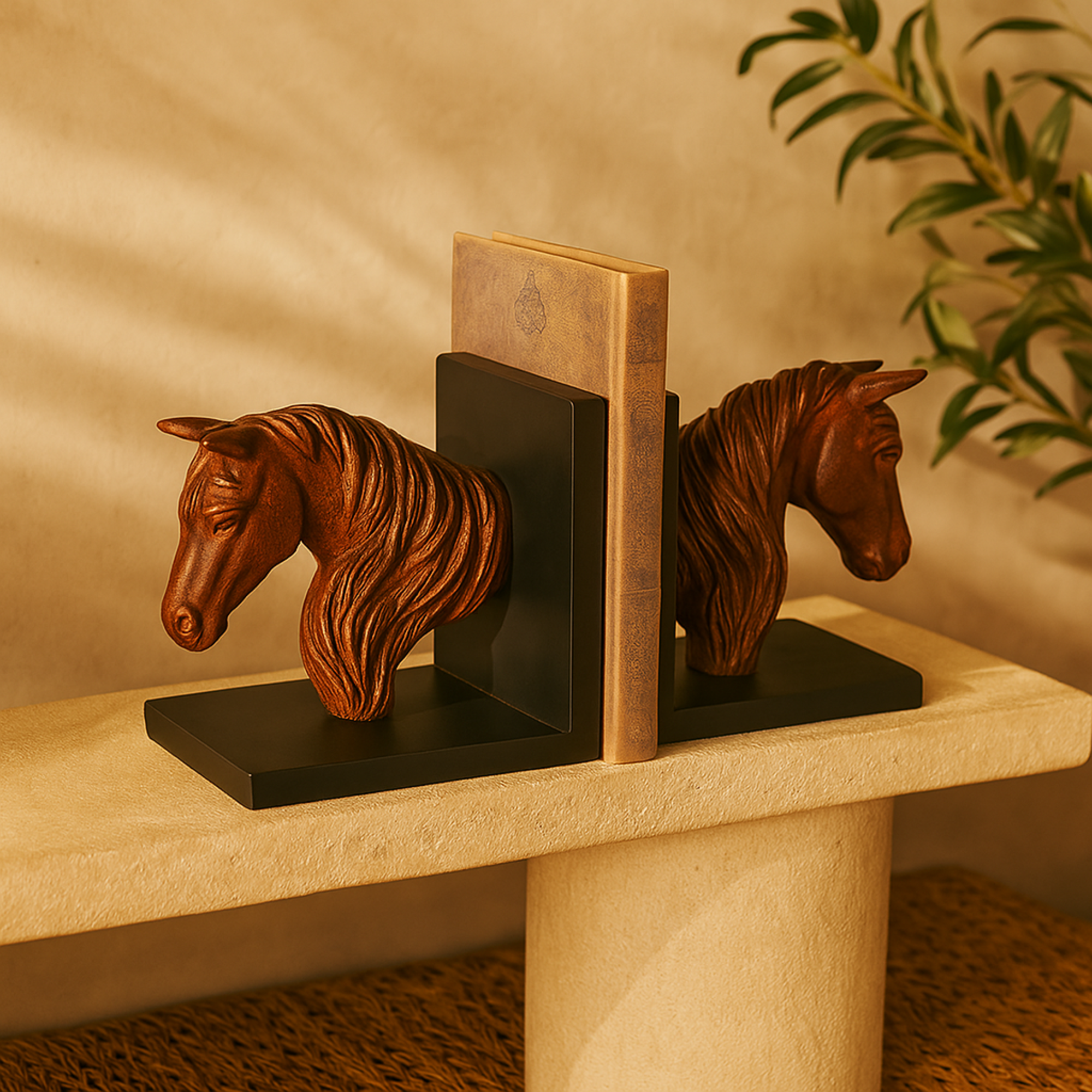 Set of 2 Horse Copper Polyresin Head Decorative Bookends with Black Stands