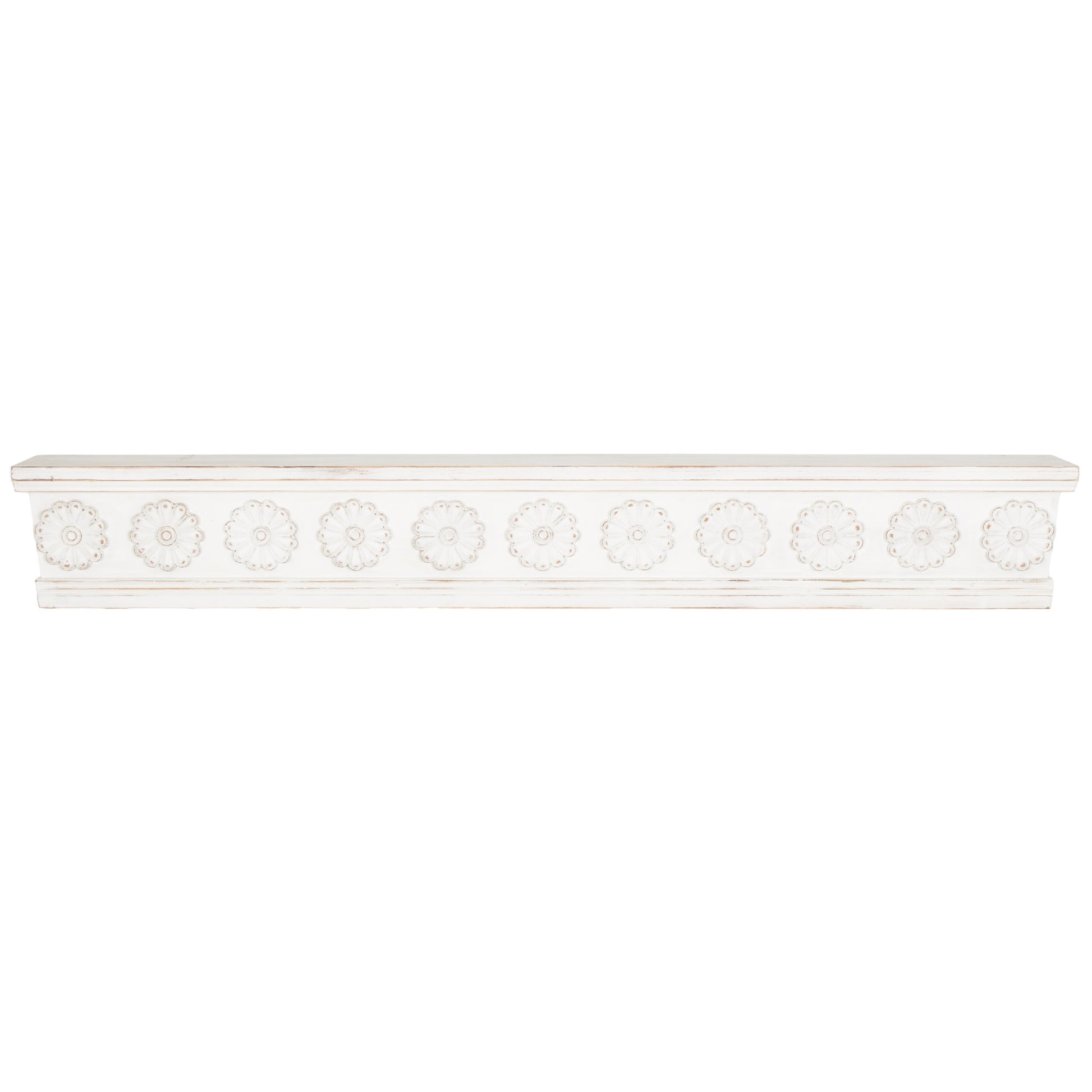 Floral White Wooden Room Wall Shelf with Brown Distressing