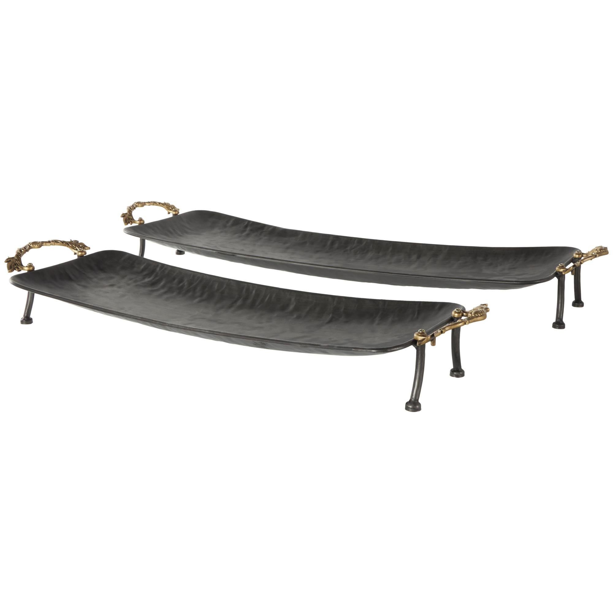 Set of 2 Leaf Black Metal Textured Curved Living Room Decor Tray with Elevated Feet and Gold Scroll Vine Handles