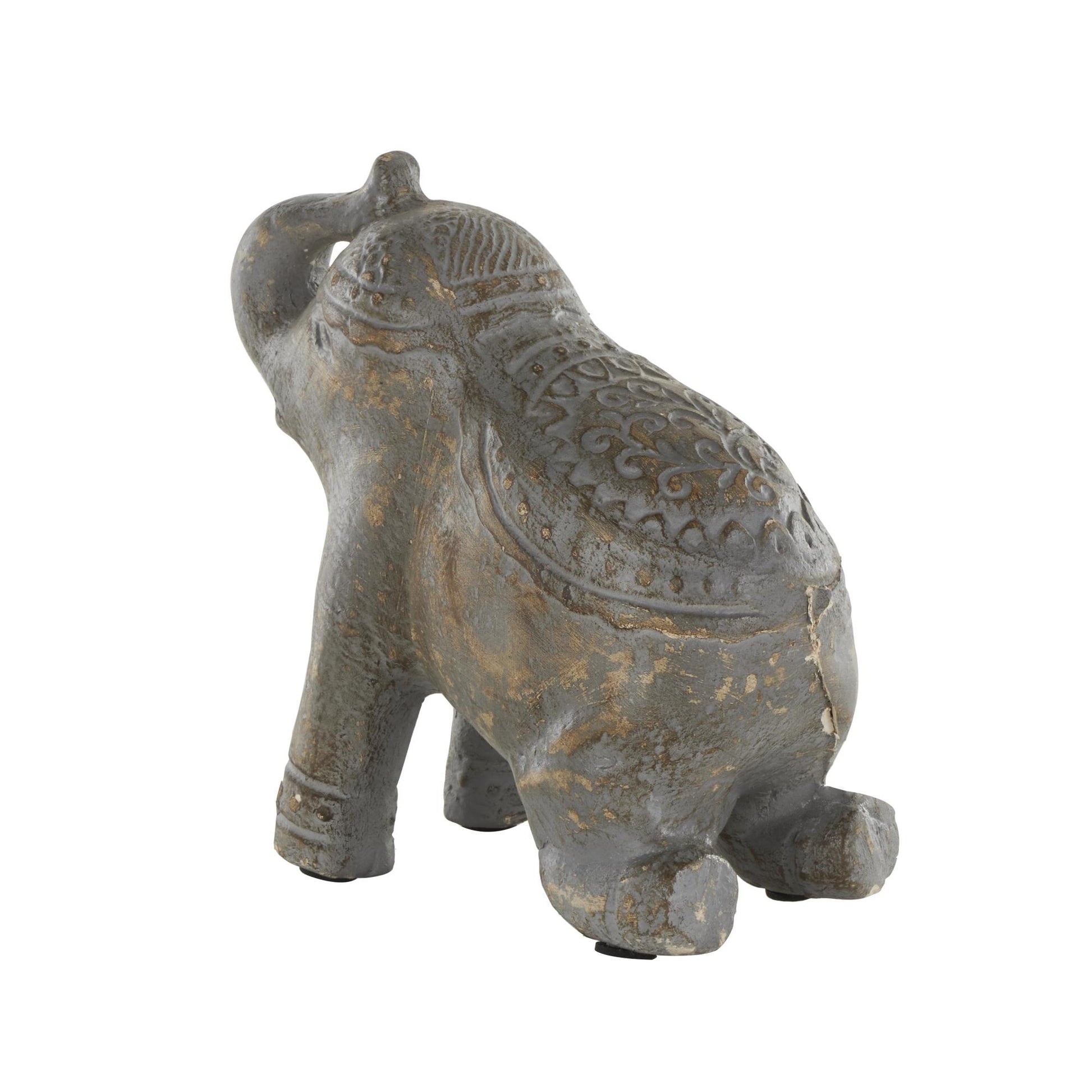 Elephant Dark Gray Paper Mache Handmade Distressed Carved Decorative Sculpture with Wood Inspired Accents