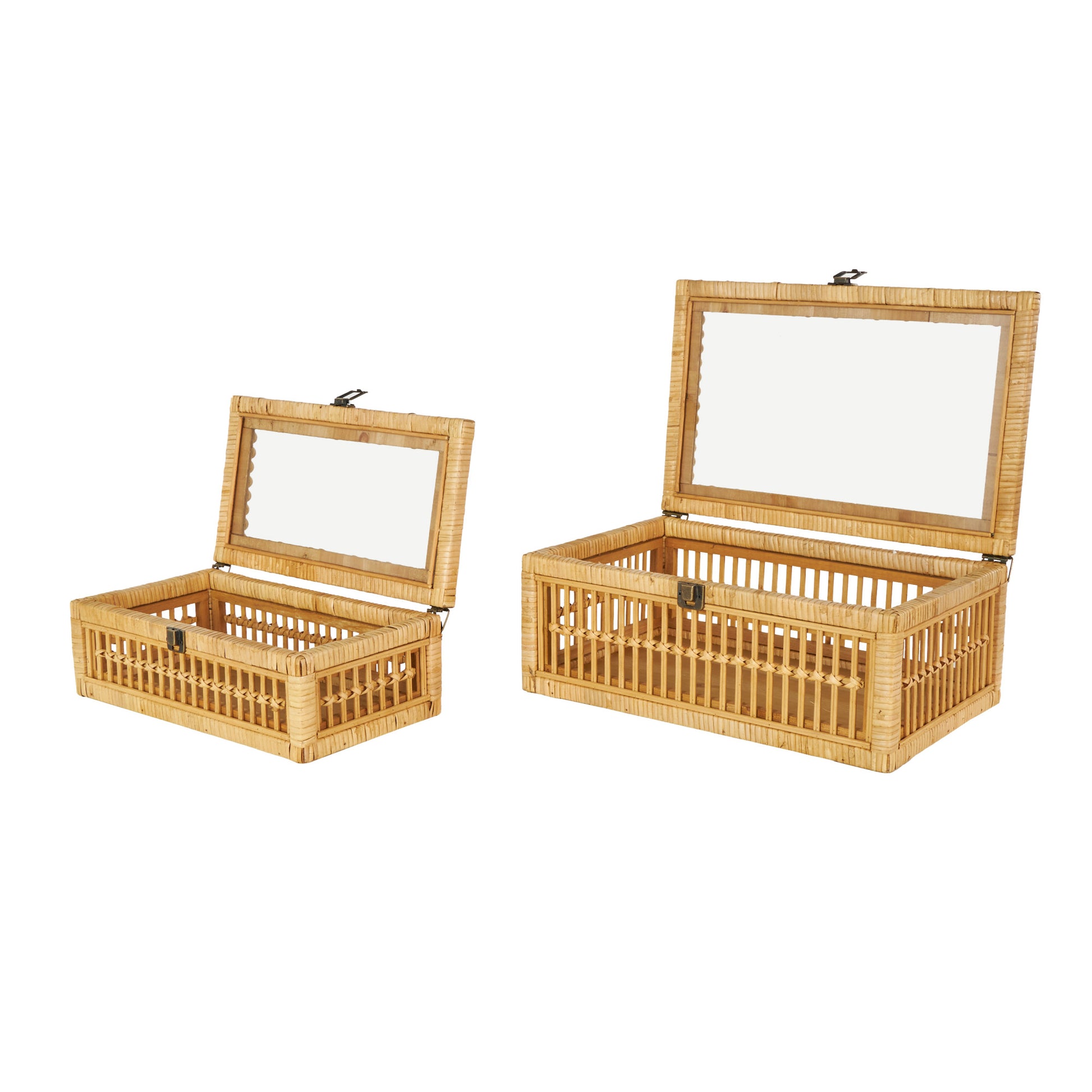 Set of 2 Brown Rattan Handmade Woven Storage Decorative Box with Glass Top and Bronze Latches