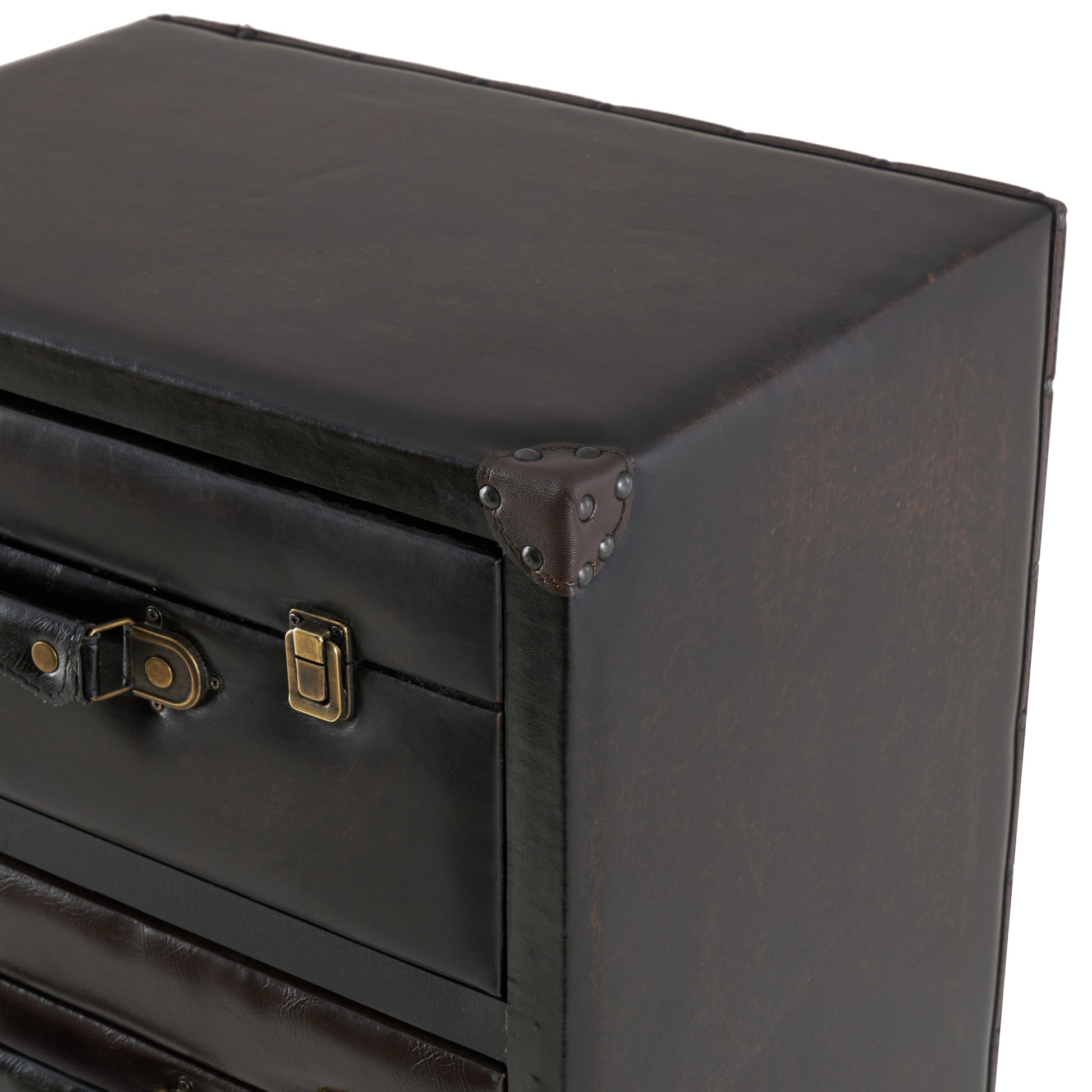 Dark Brown Faux Leather Vintage Faux Leather 3 Drawer Room Chest with Gold Buckle and Strap Accents