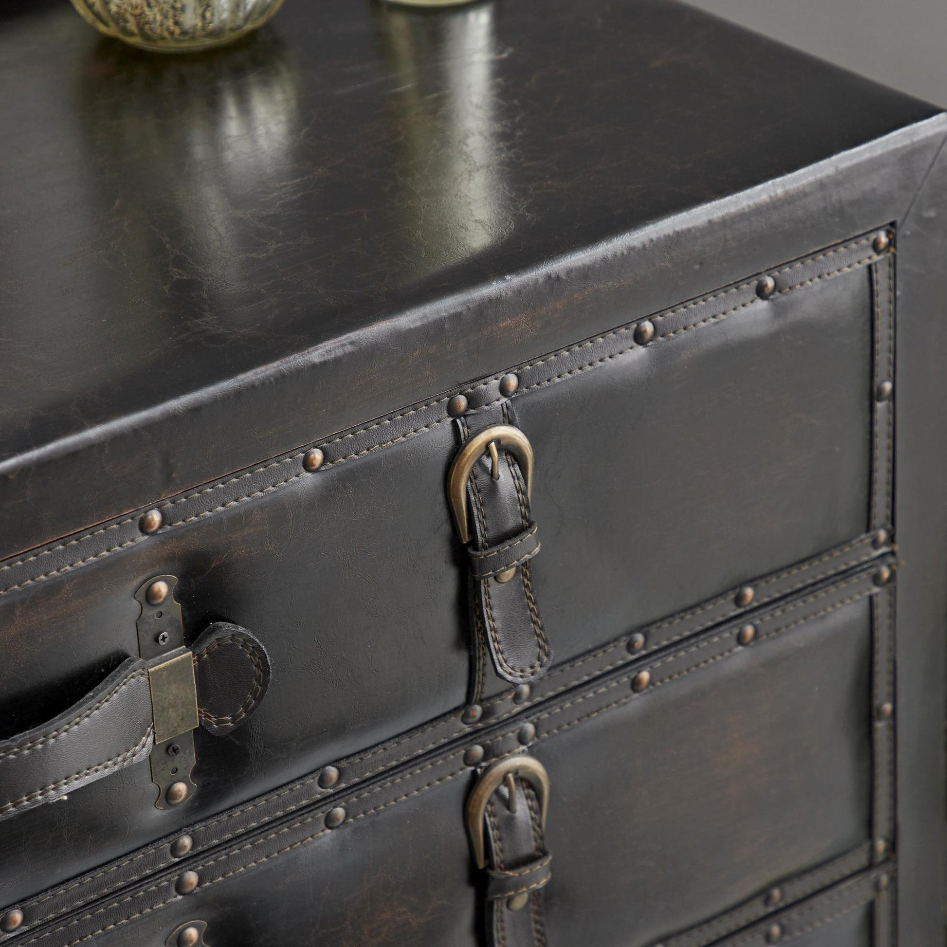 Black Faux Leather Vintage Trunk Room Chest with Gold Studs and Buckle Detailing