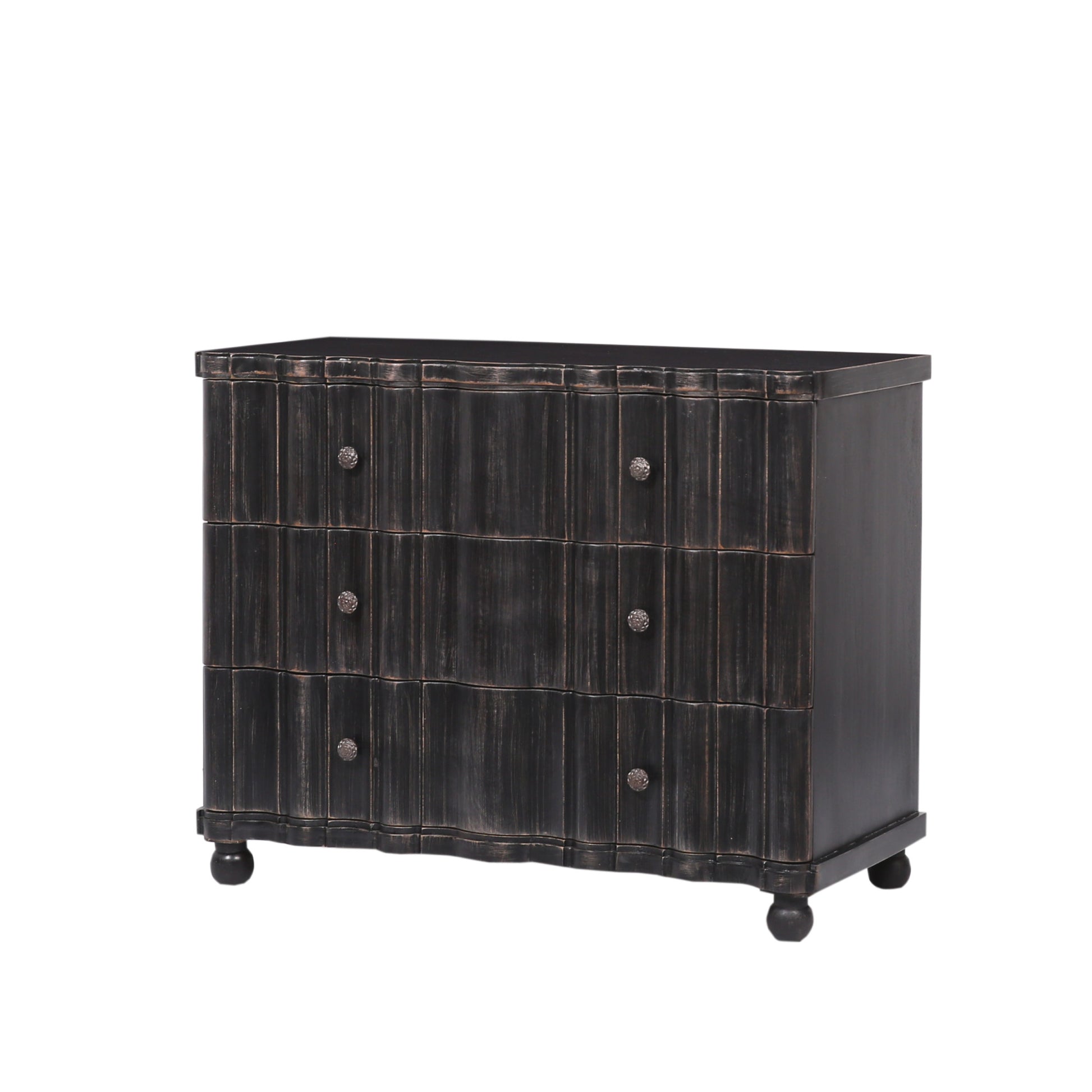 Black Mango Wood Distressed Scalloped 3 Drawer Room Chest with Vintage Knobs and Ball Feet