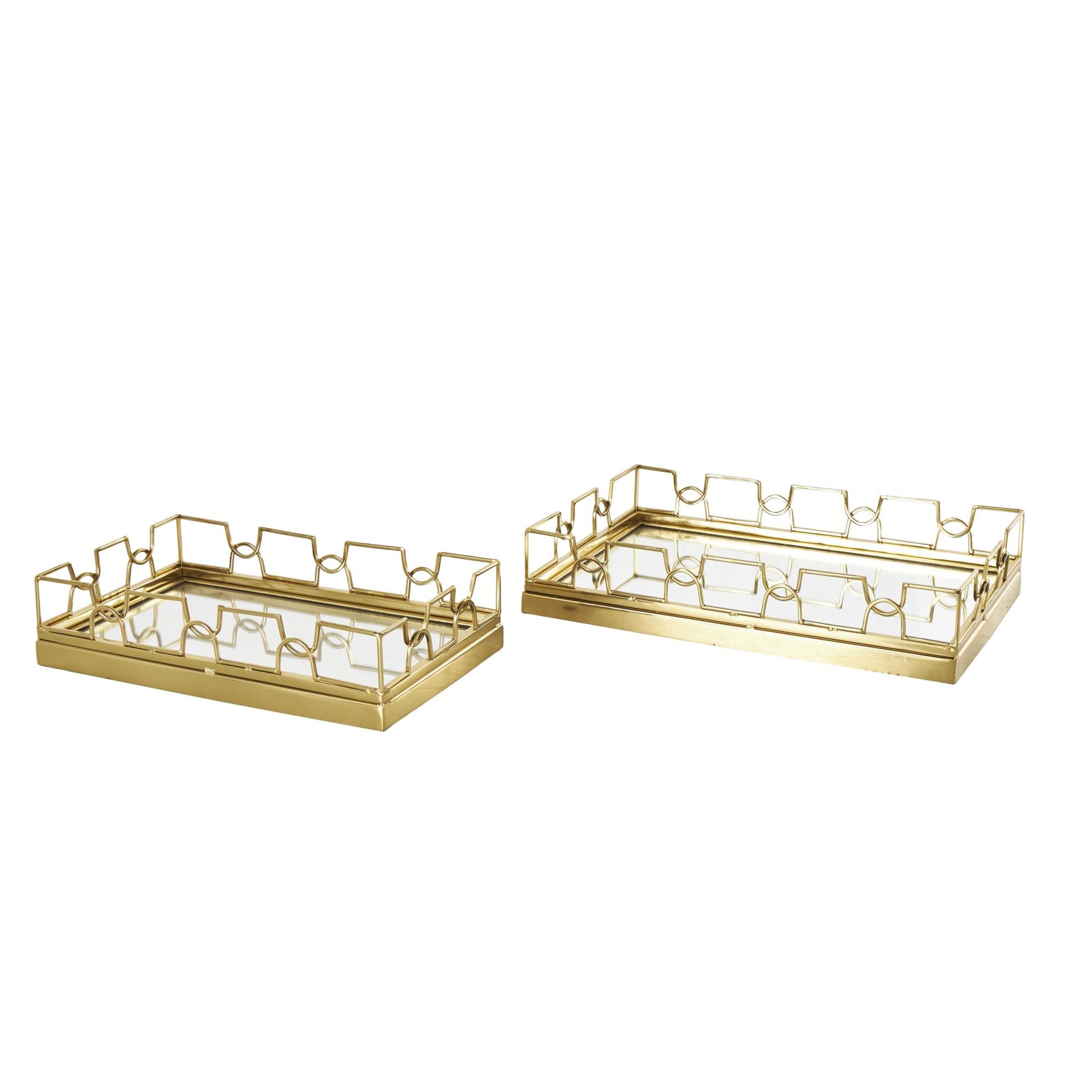 Set of 2 Geometric Gold Stainless Steel Metal Mirrored Living Room Decor Tray with Wire Rod Frame
