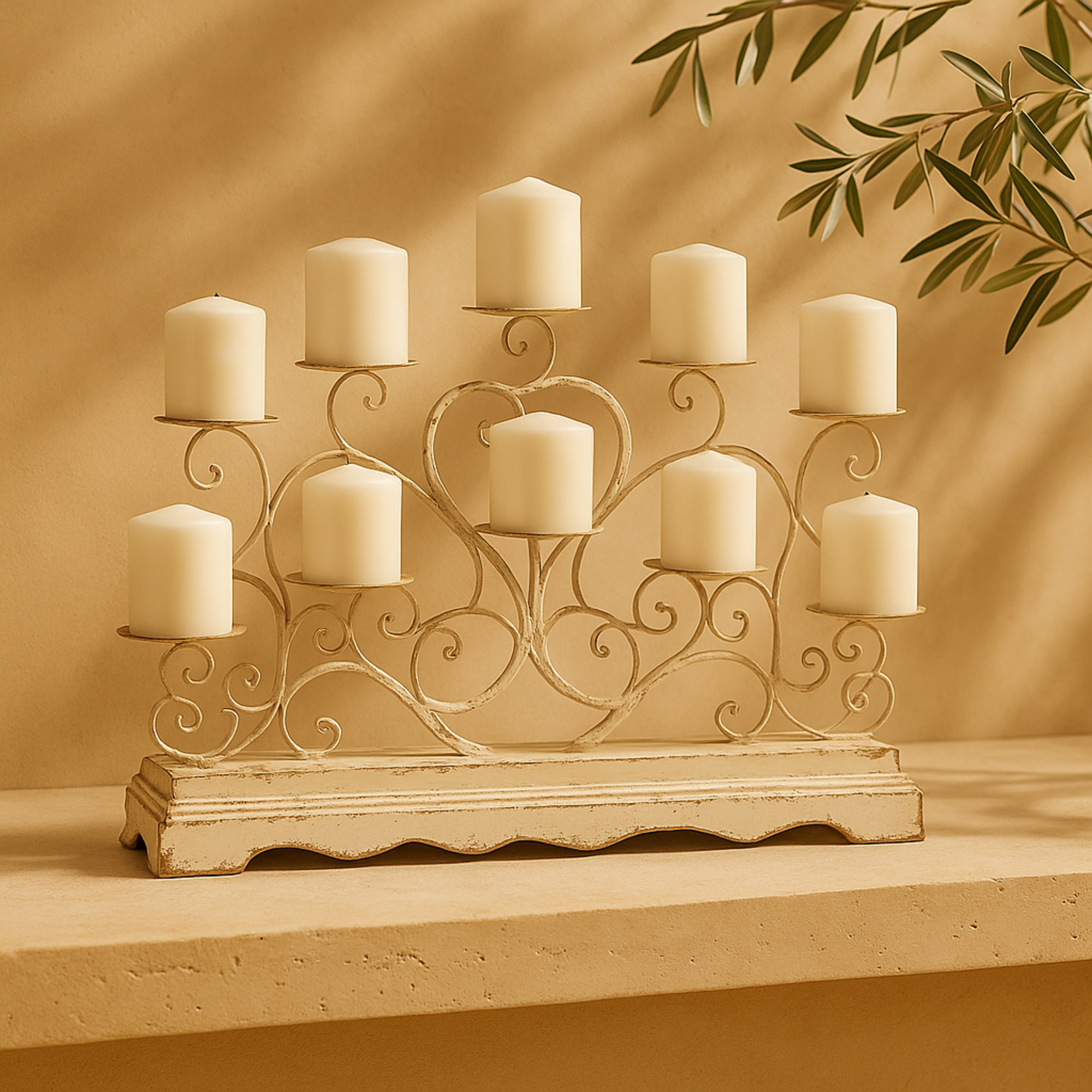 Scroll White Metal Pillar 10 Plate Decorative Candelabra