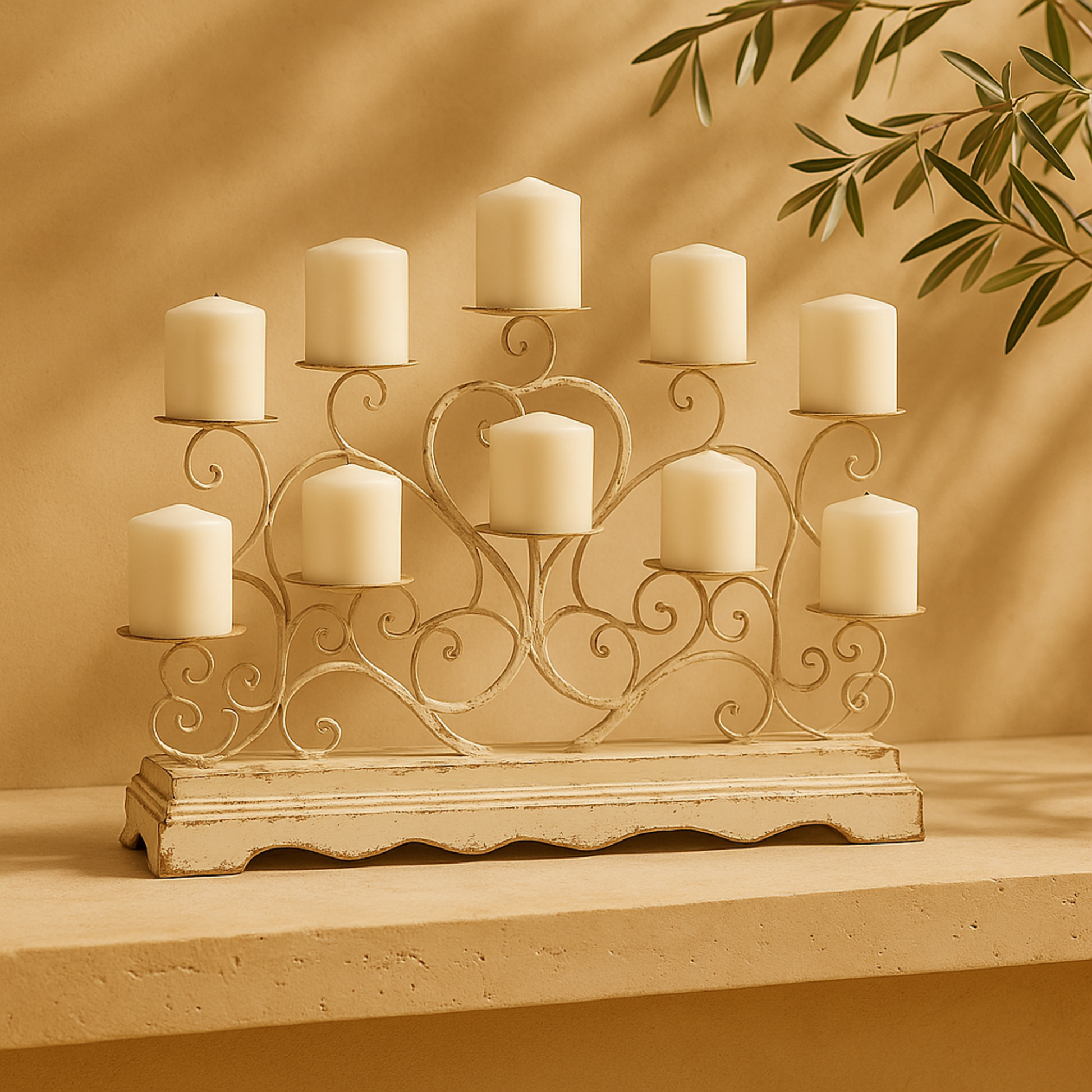 Scroll White Metal Pillar 10 Plate Decorative Candelabra