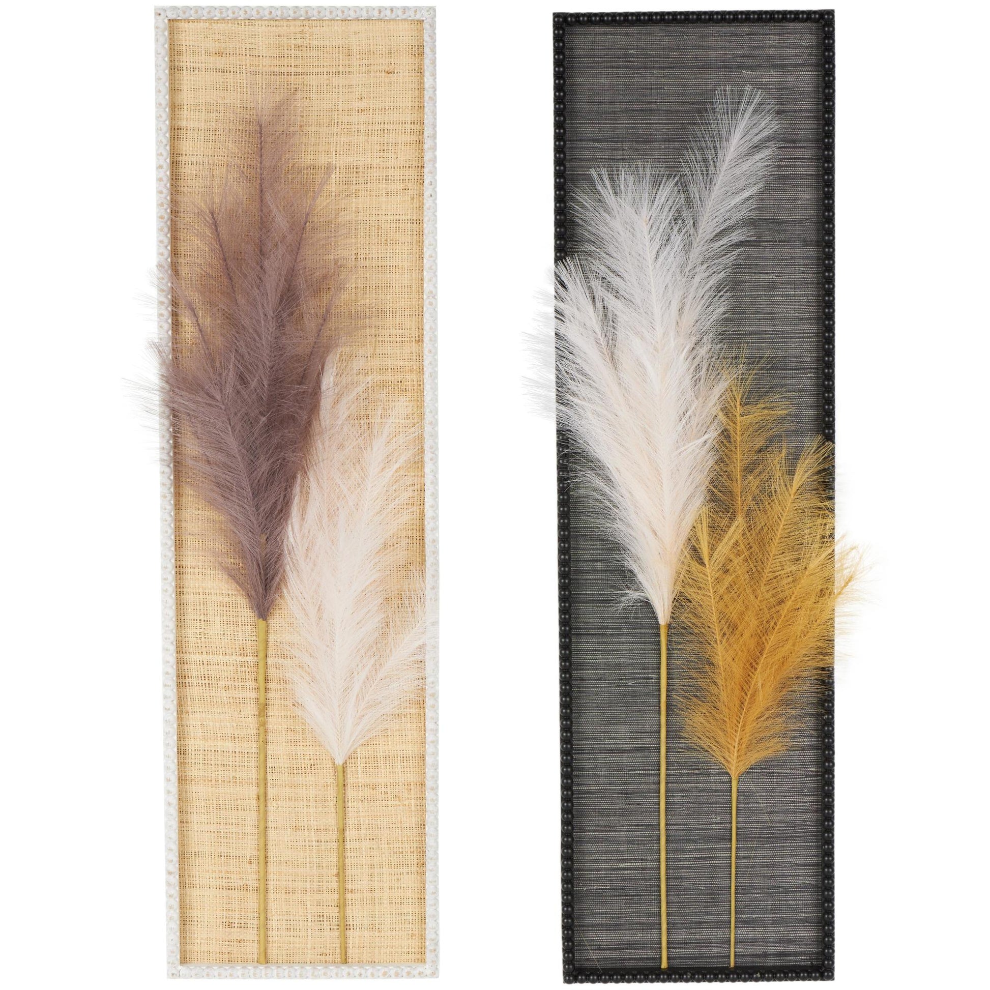 Set of 2 Leaf Brown Wood Handmade 3D Pampas Stem Living Room Framed Wall Art with Textured Backing and Beaded Frame