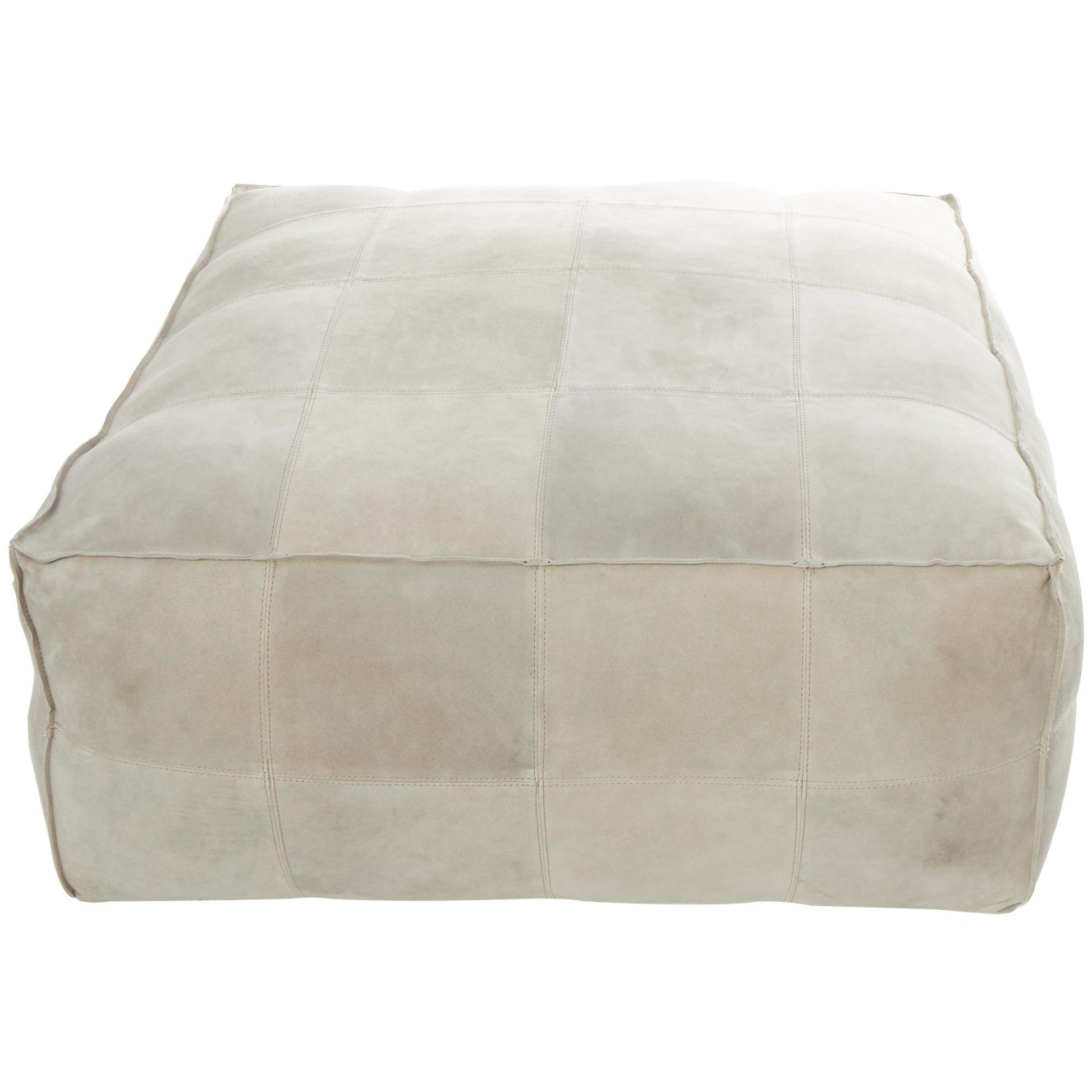 Leather Low Profile Square Stuffed Pouf with Patchwork Design