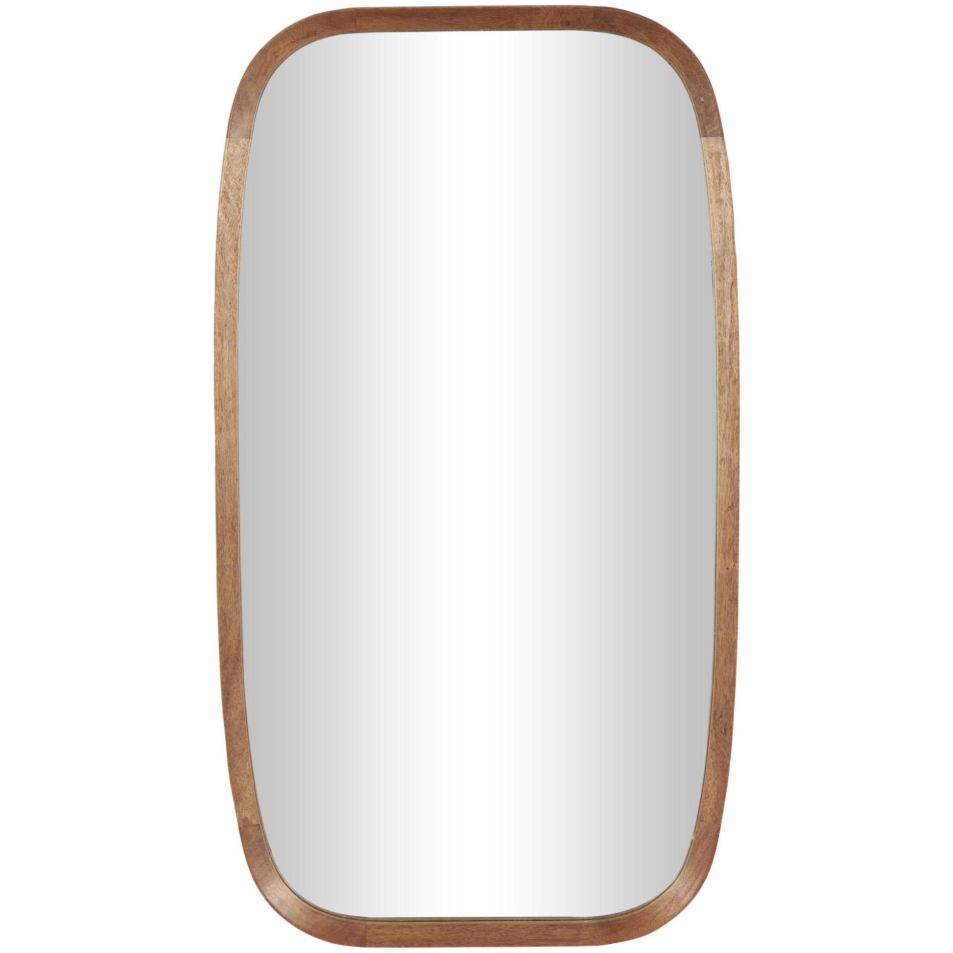 Brown Wooden Room Wall Mirror with Natural Wood Grain and Rounded Edges