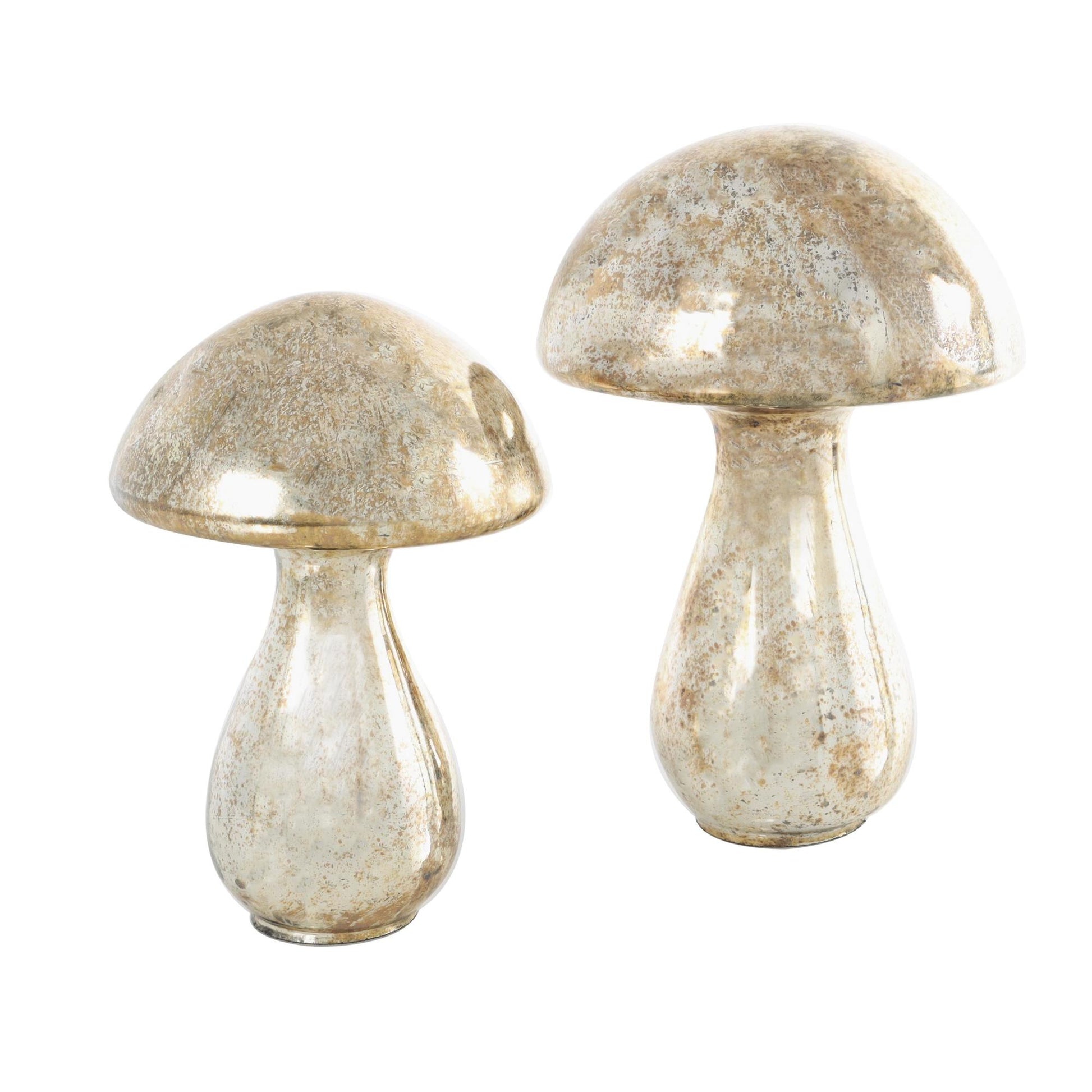 Set of 2 Mushroom Glass Handmade Glossy Weathered Decorative Sculpture