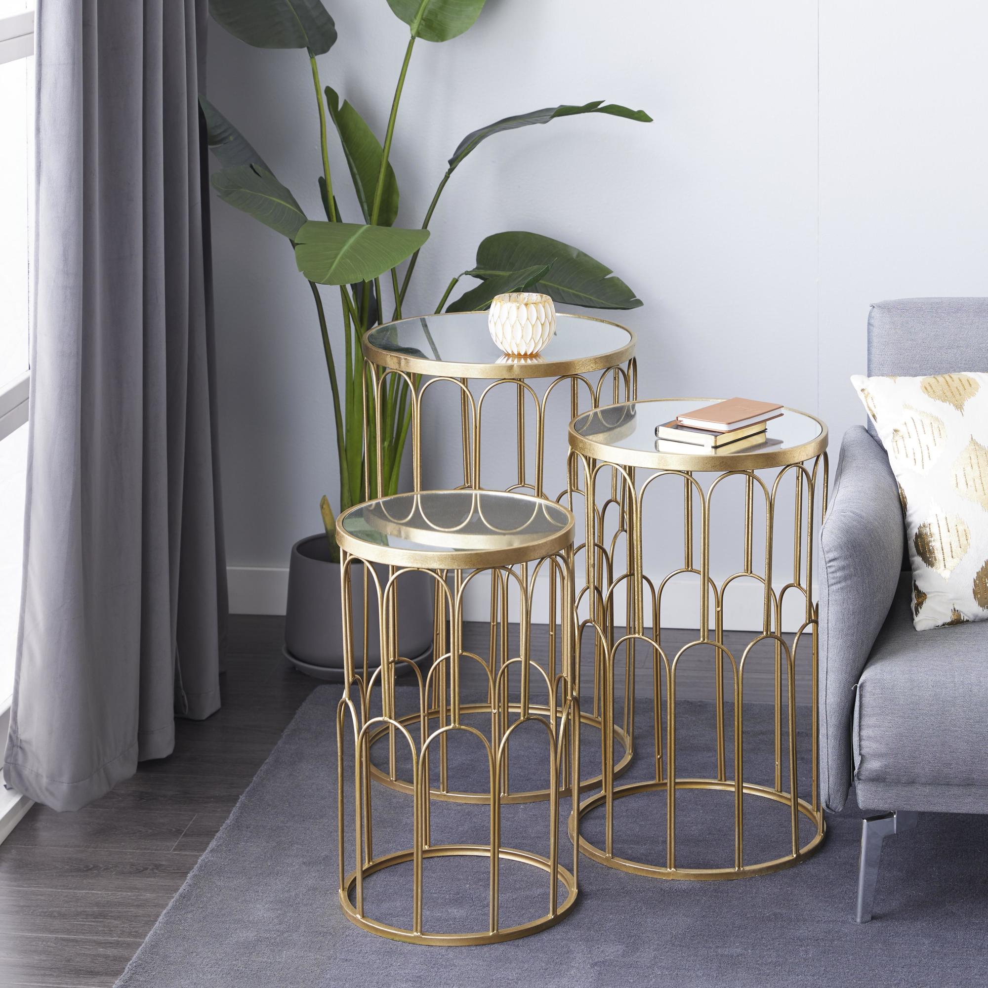 Set of 3 Gold Metal Side End Accent Table with Mirrored Glass Top