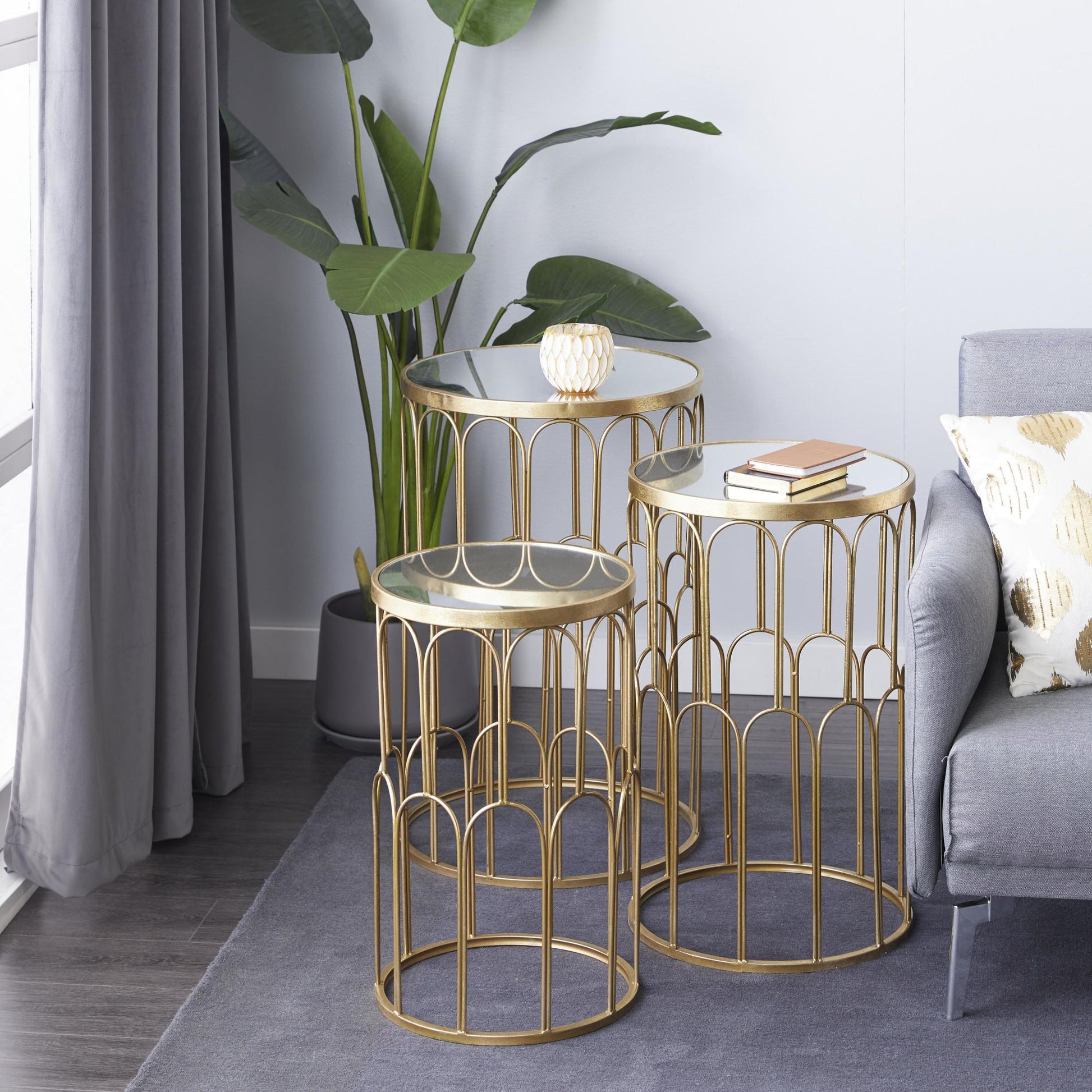 Set of 3 Gold Metal Side End Accent Table with Mirrored Glass Top