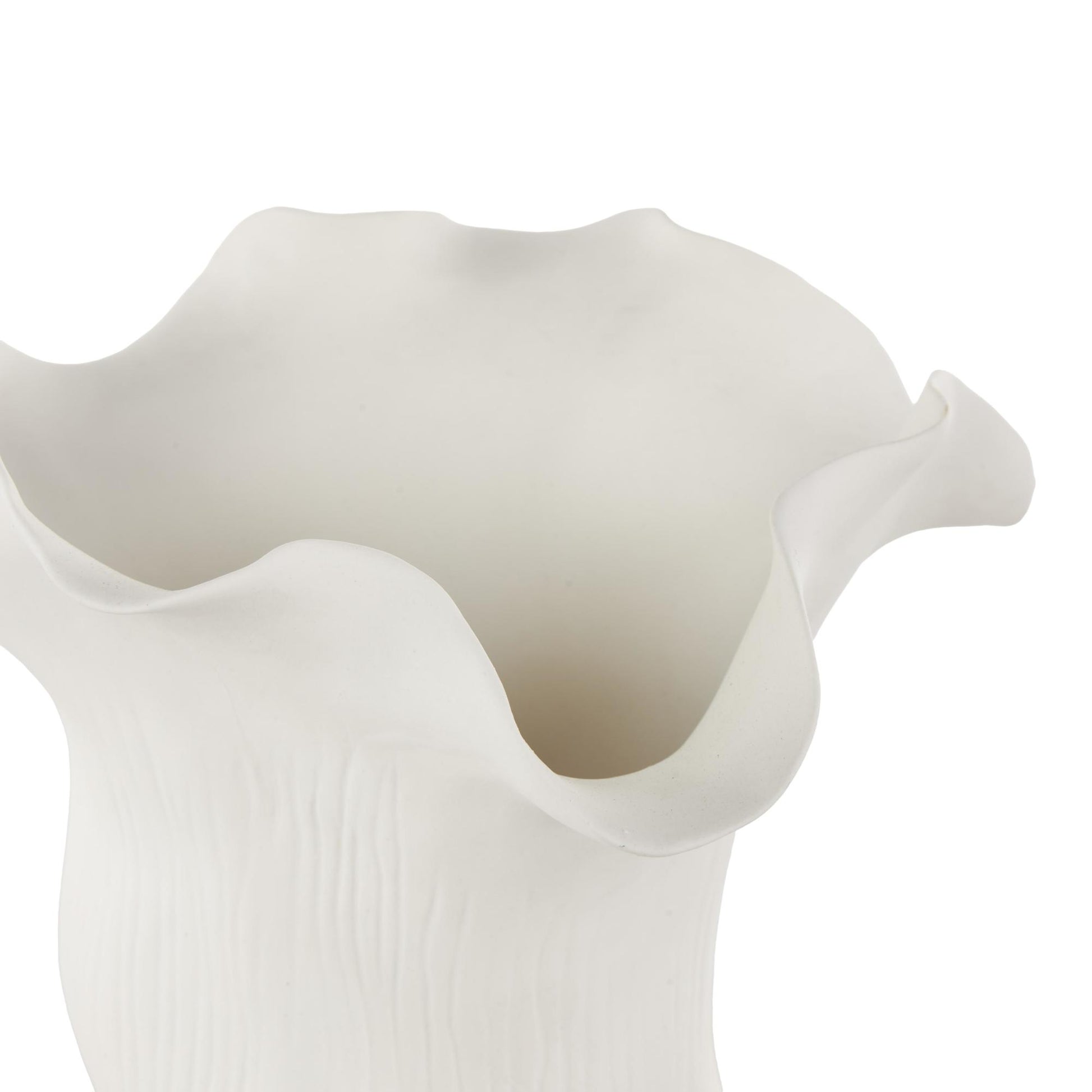 Abstract Ceramic Floral Inspired Decorative Vase with Wavy Folded Rim and Linear Grooves