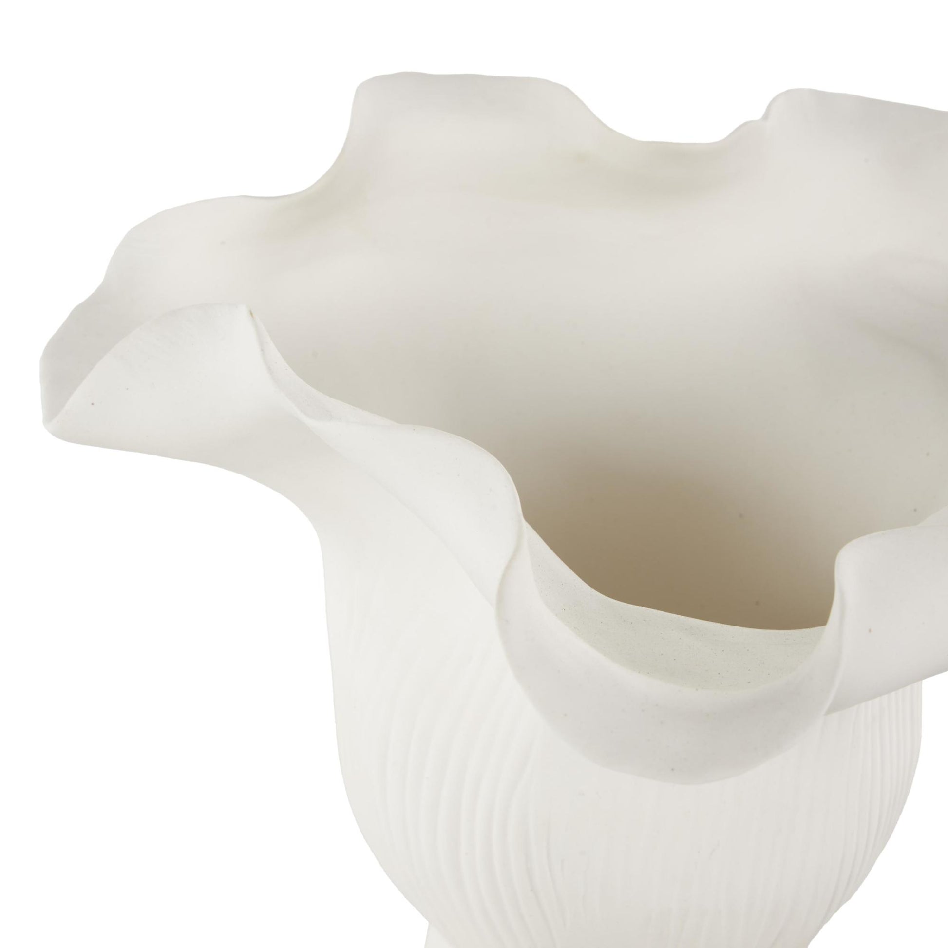 Abstract Ceramic Floral Inspired Decorative Vase with Wavy Folded Rim and Linear Grooves