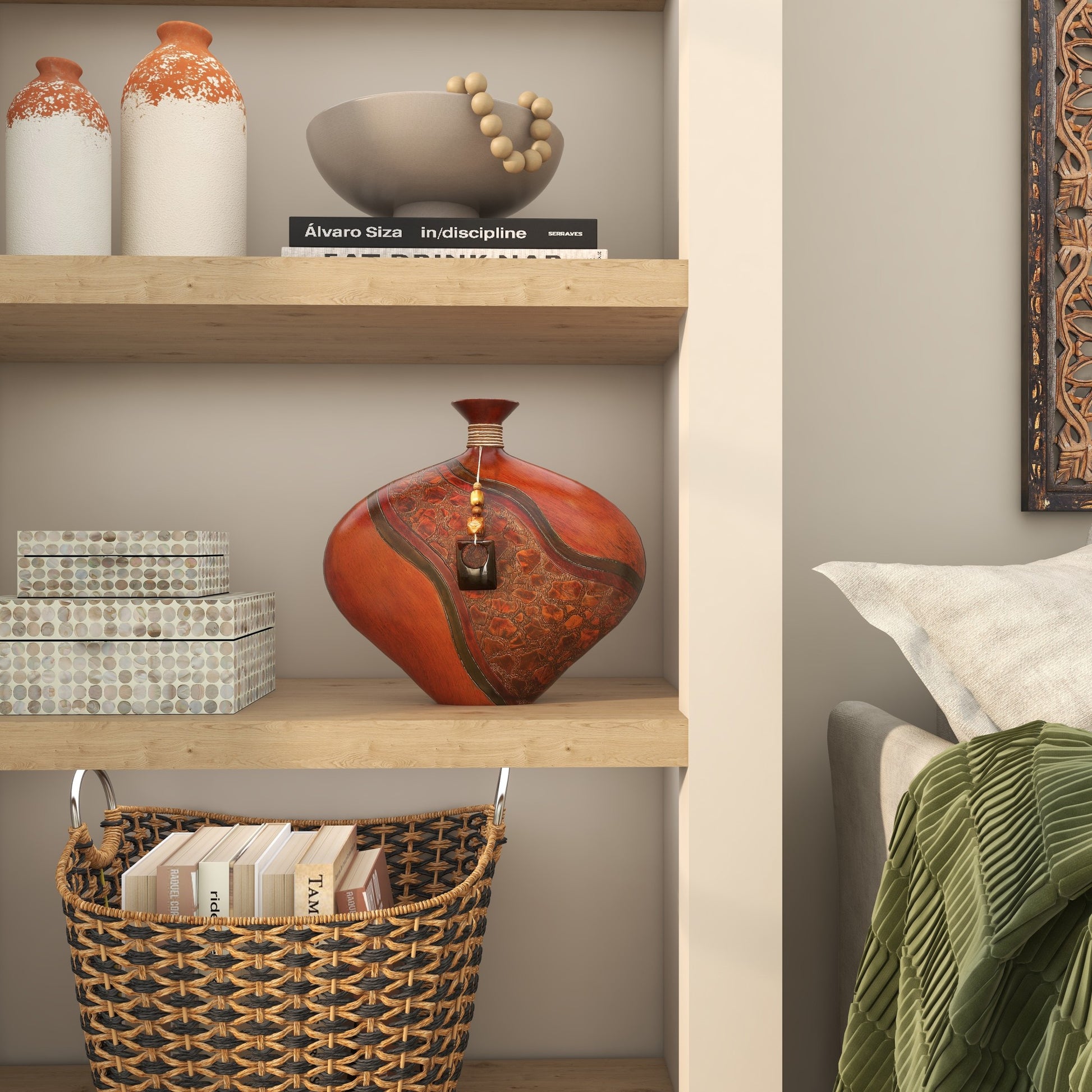 Abstract Brown Polystone Decorative Vase with Embossed Details