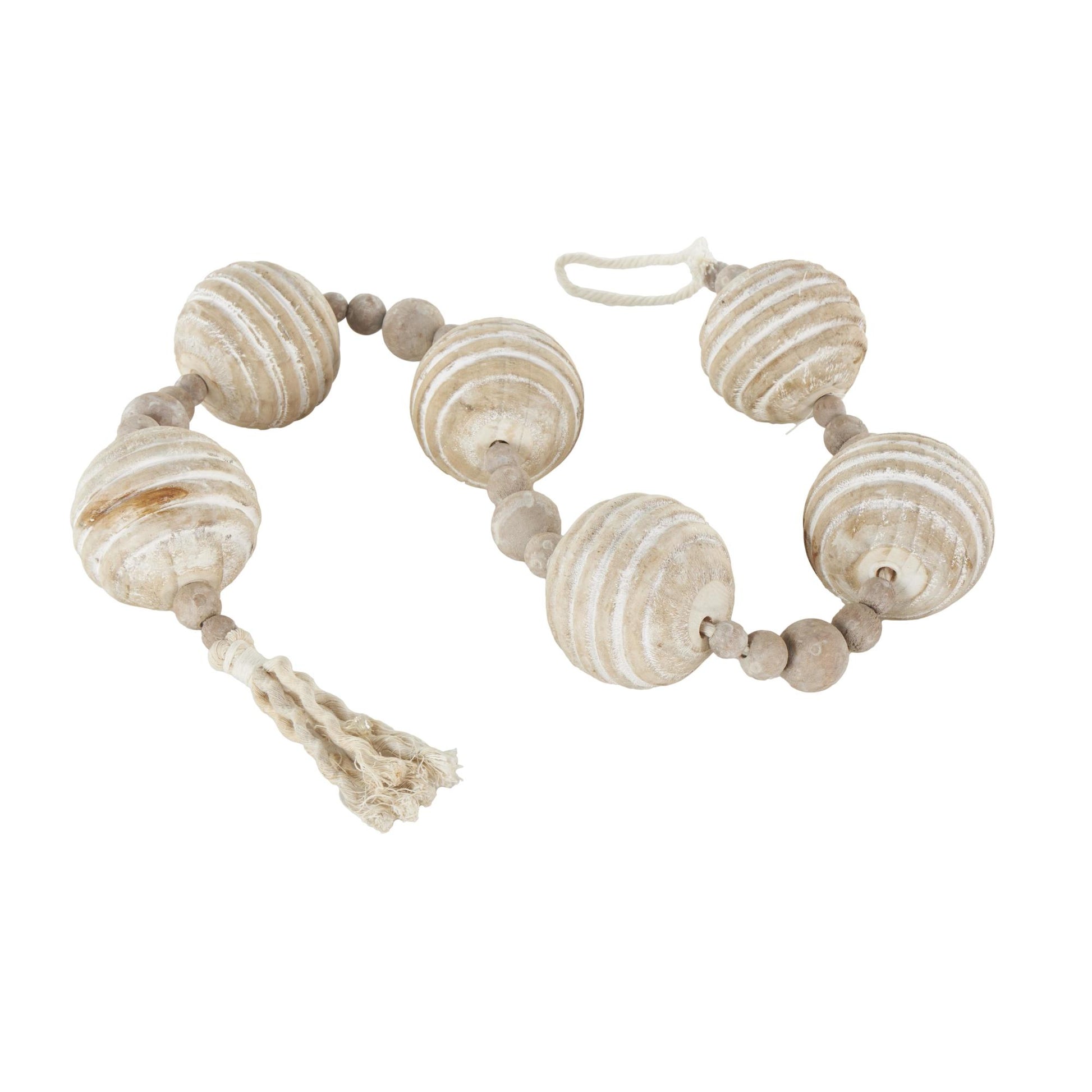 Geometric Cream Wood Handmade Ribbed Beaded Garland with Tassel with White Rope