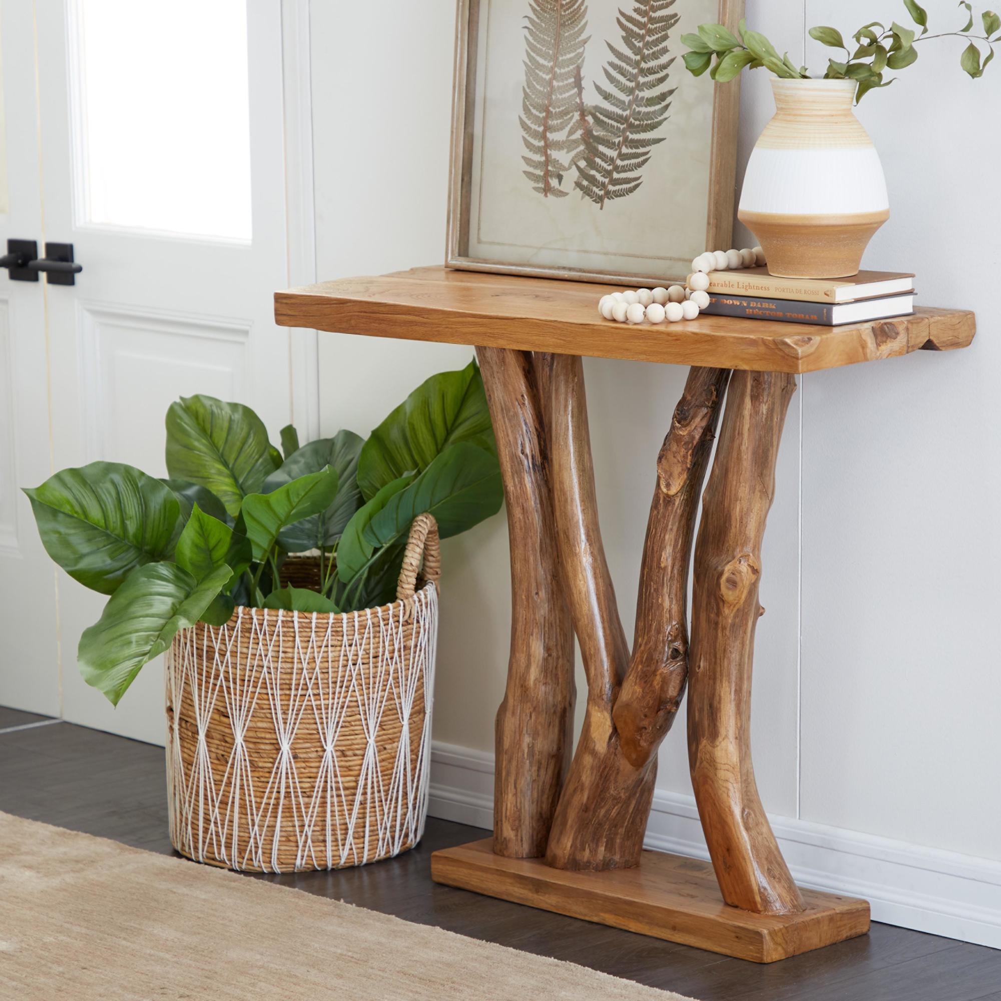 Brown Teak Wood Small Live Edge Tree Trunk Living Room Console Table