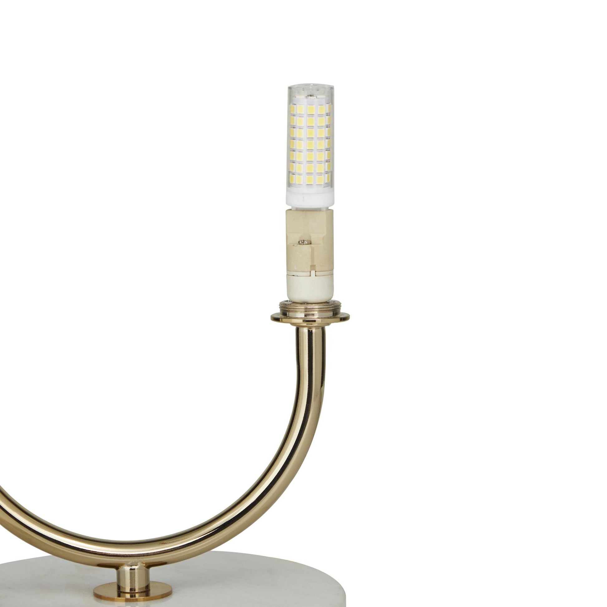 Gold Metal Curved Orb 2 Light Room Table Lamp with White Glass Shades and Marble Base