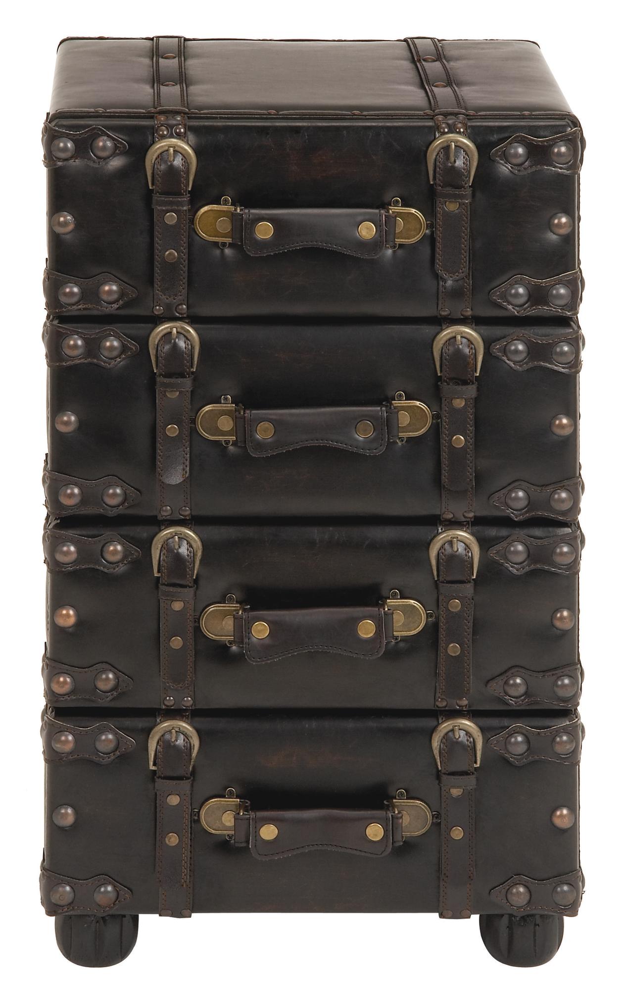 Black Faux Leather Vintage 4 Drawer Room Chest with Buckle Straps and Gold Stud Details