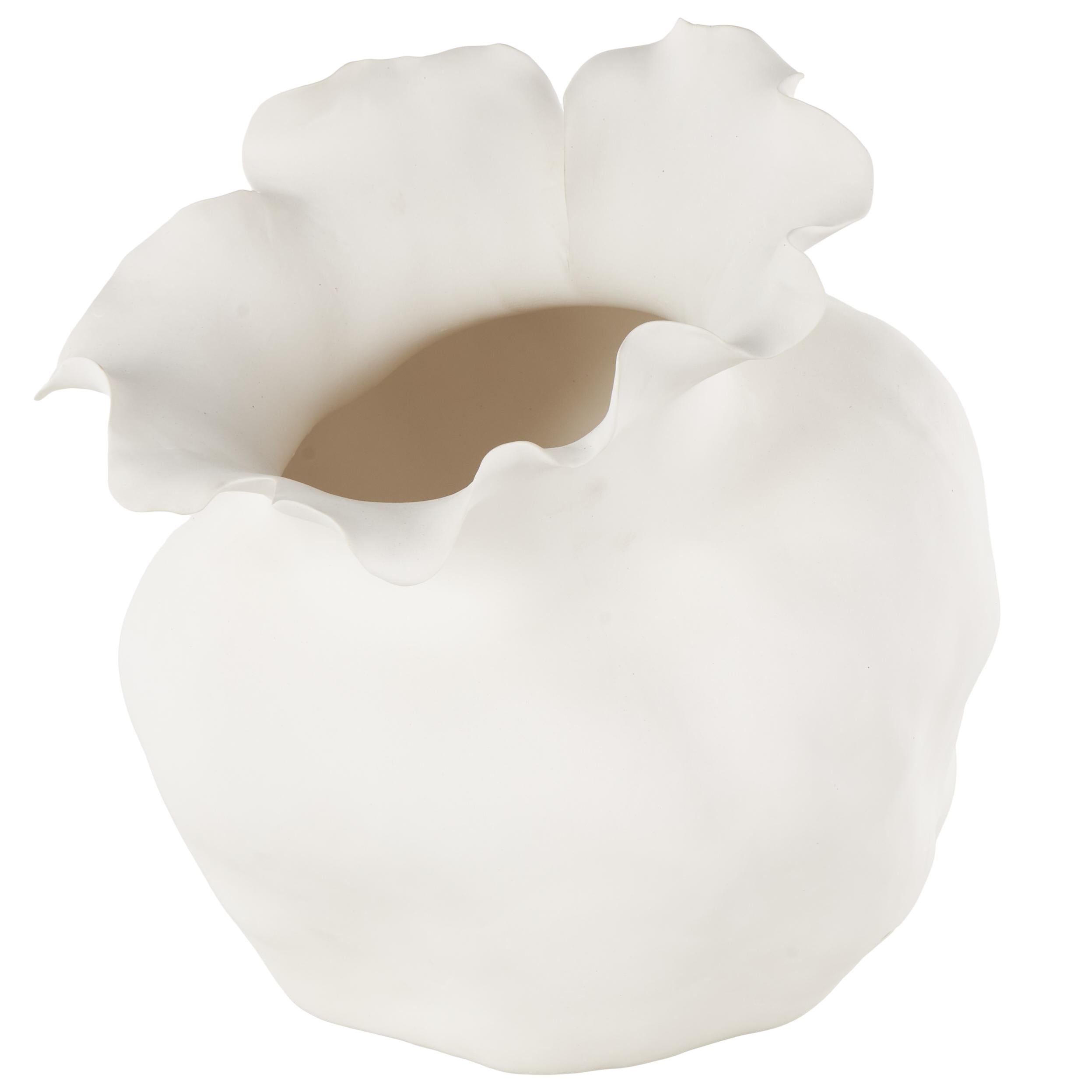 Abstract Ceramic Wide Rounded Floral Shaped Decorative Vase with Petal Rim