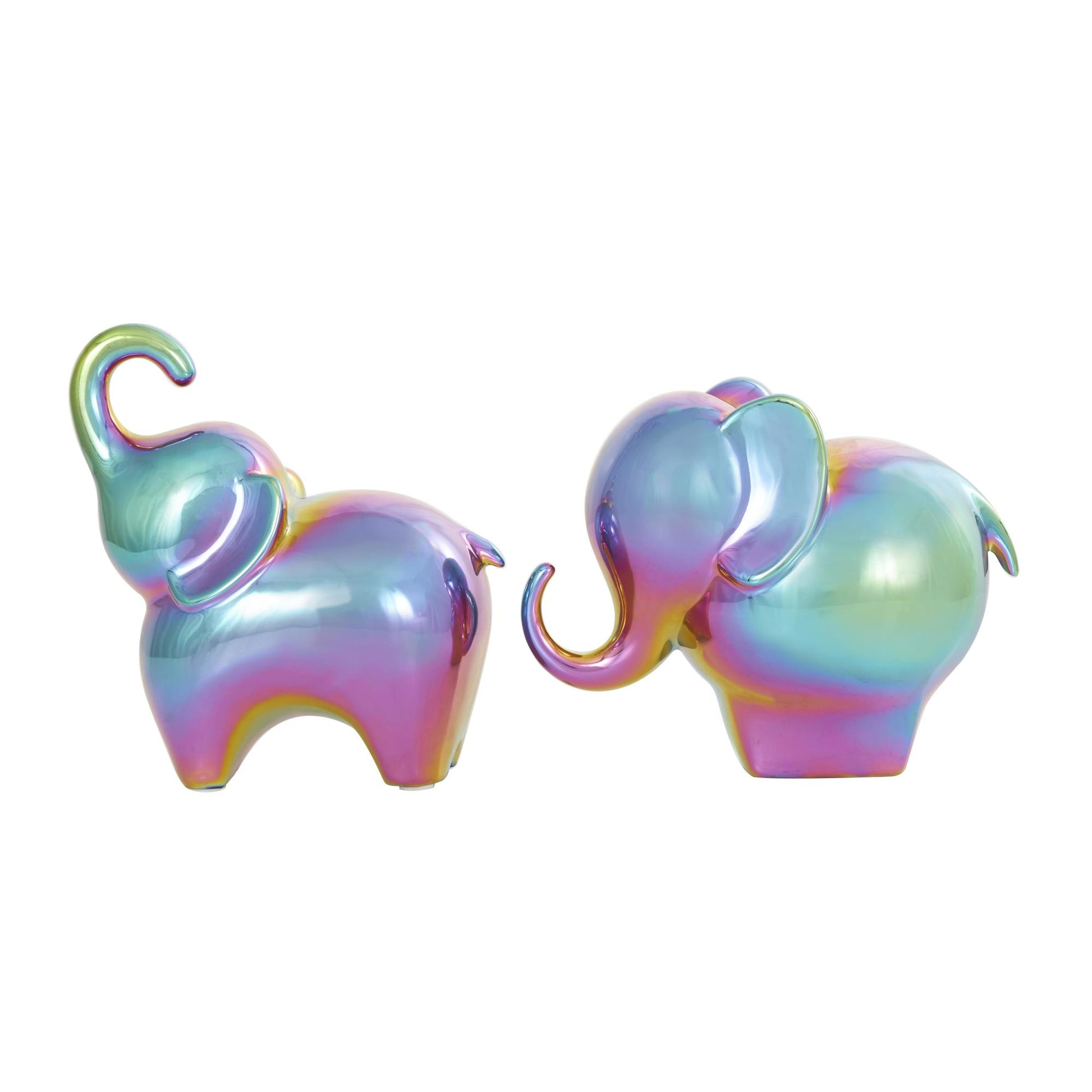 Set of 2 Elephant Ceramic Decorative Sculpture with Rainbow Shimmer Finish