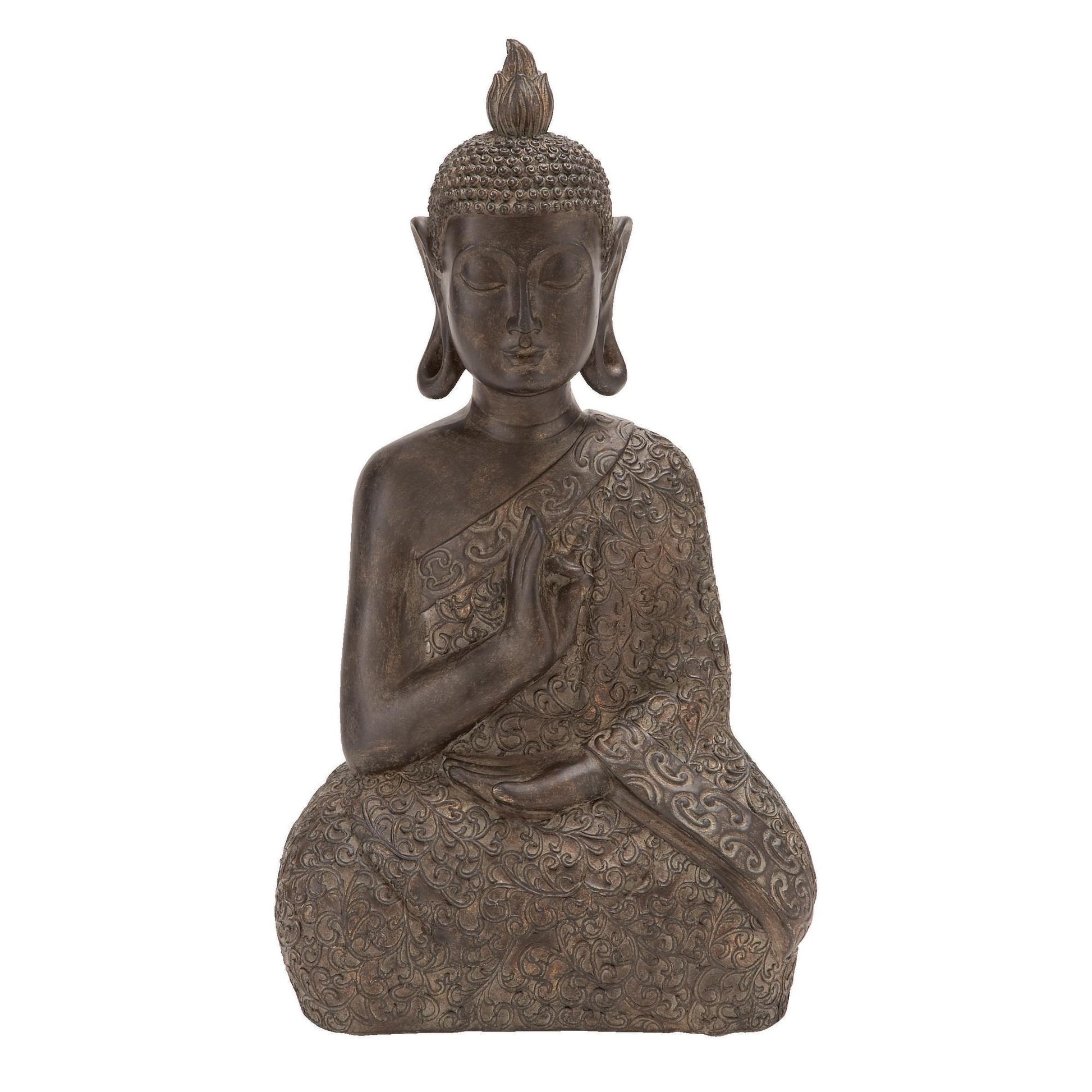 Buddha Brown Polystone Meditating Decorative Sculpture with Engraved Carvings and Relief Detailing