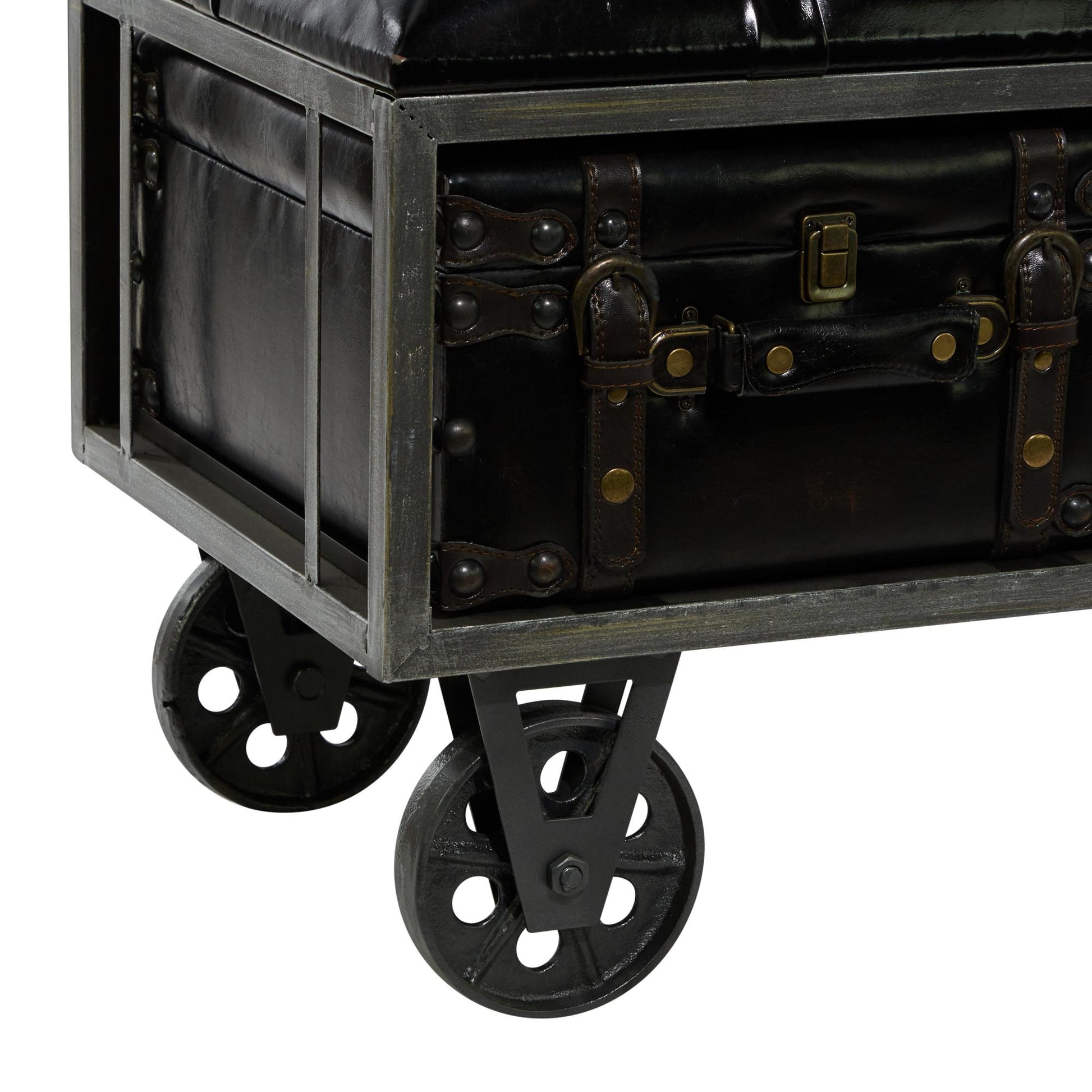 Black Faux Leather Tufted Upholstered 3 Trunk Room Storage Bench with Wheels