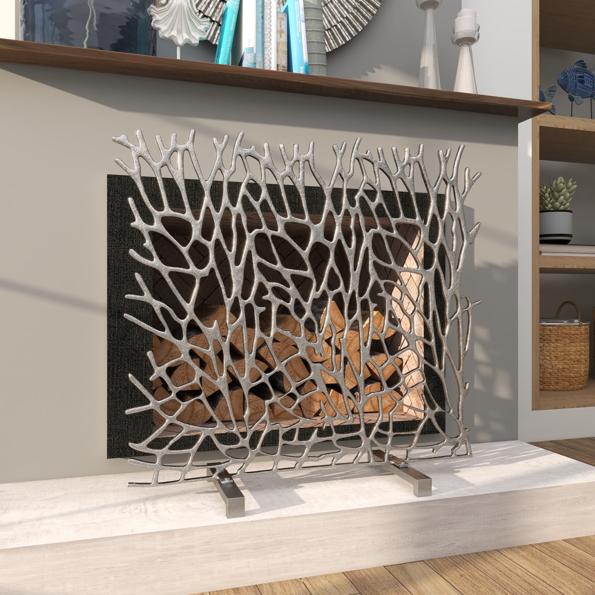 Abstract Aluminum Metal Coral Inspired Single Panel Living Room Fireplace Screen 35" x 10" x 34"