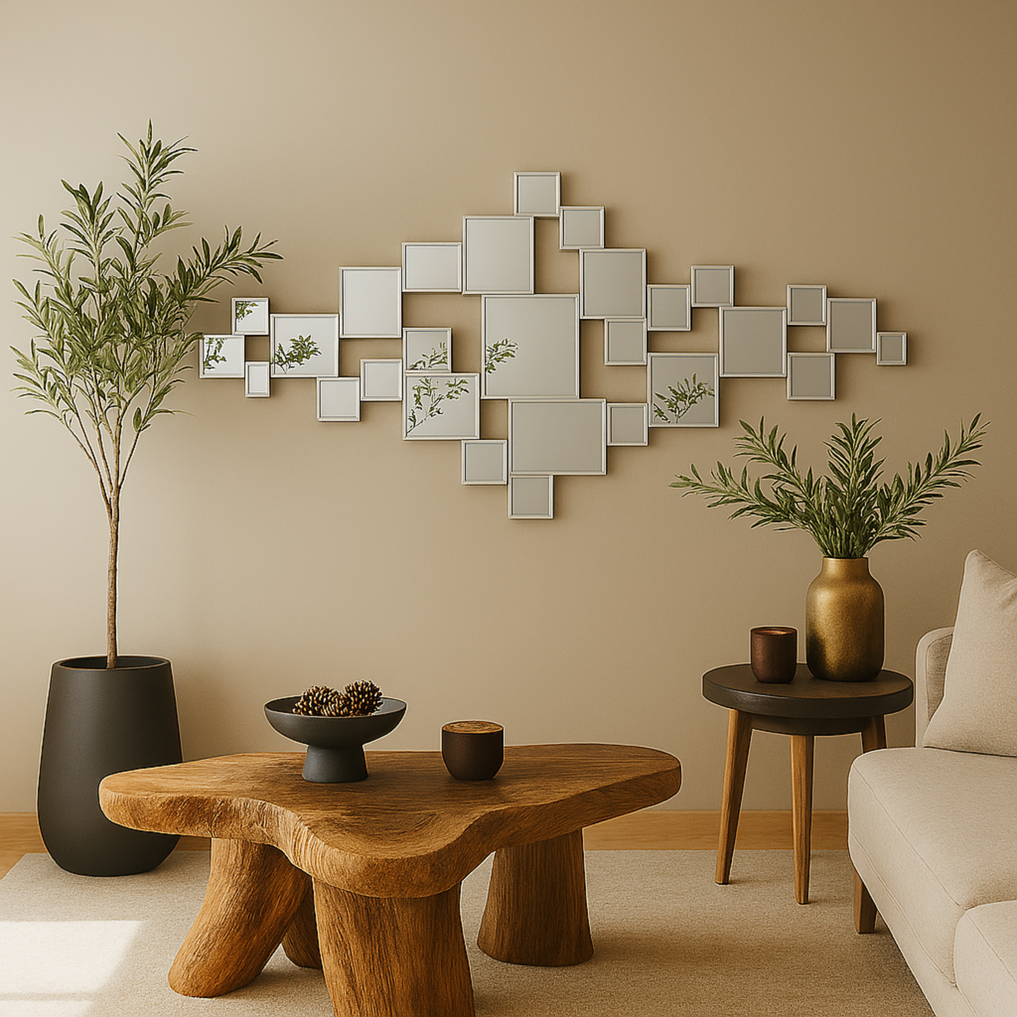 Geometric Silver Glass Slim Room Wall Mirror with Stacked Square Mirrors