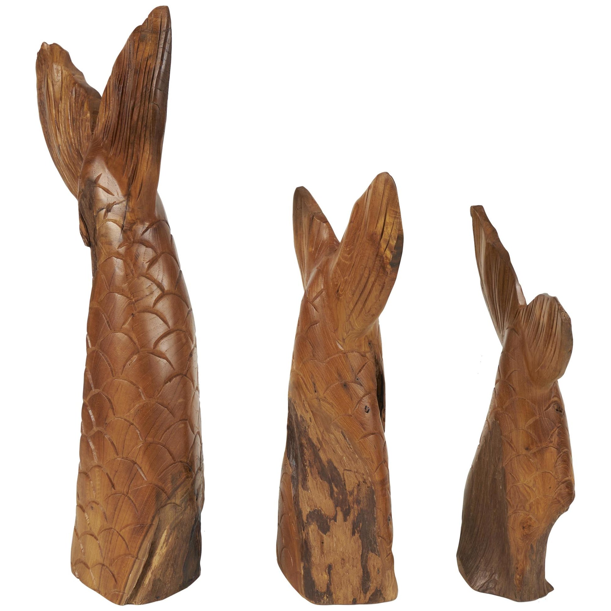Set of 3 Whale Brown Teak Wood Handmade Tail Live Edge Decorative Sculpture with Intricate Carvings