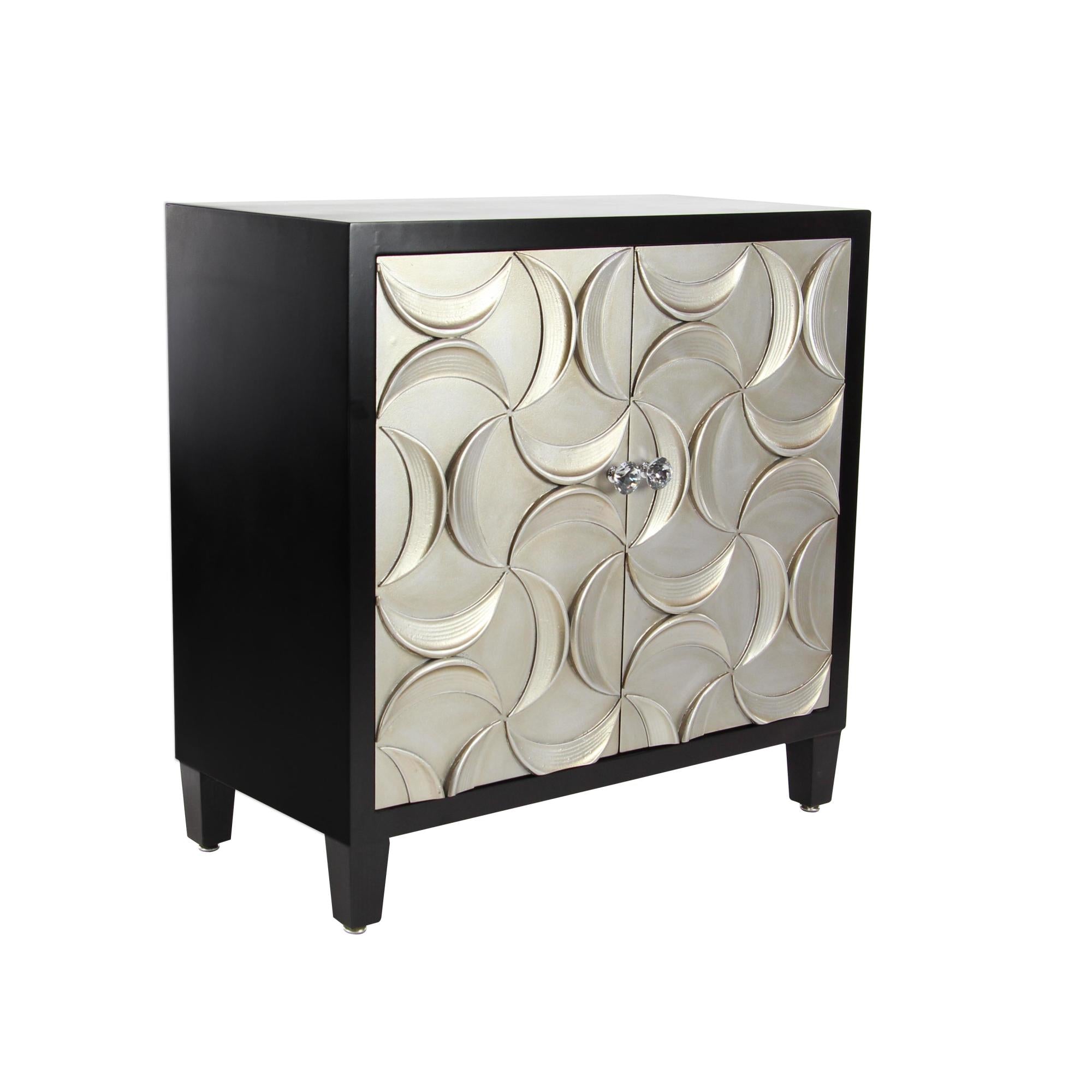 Moon Black Wooden Silver Crescent Relief Design 2 Door Room Cabinet with Crystal Knob Handles