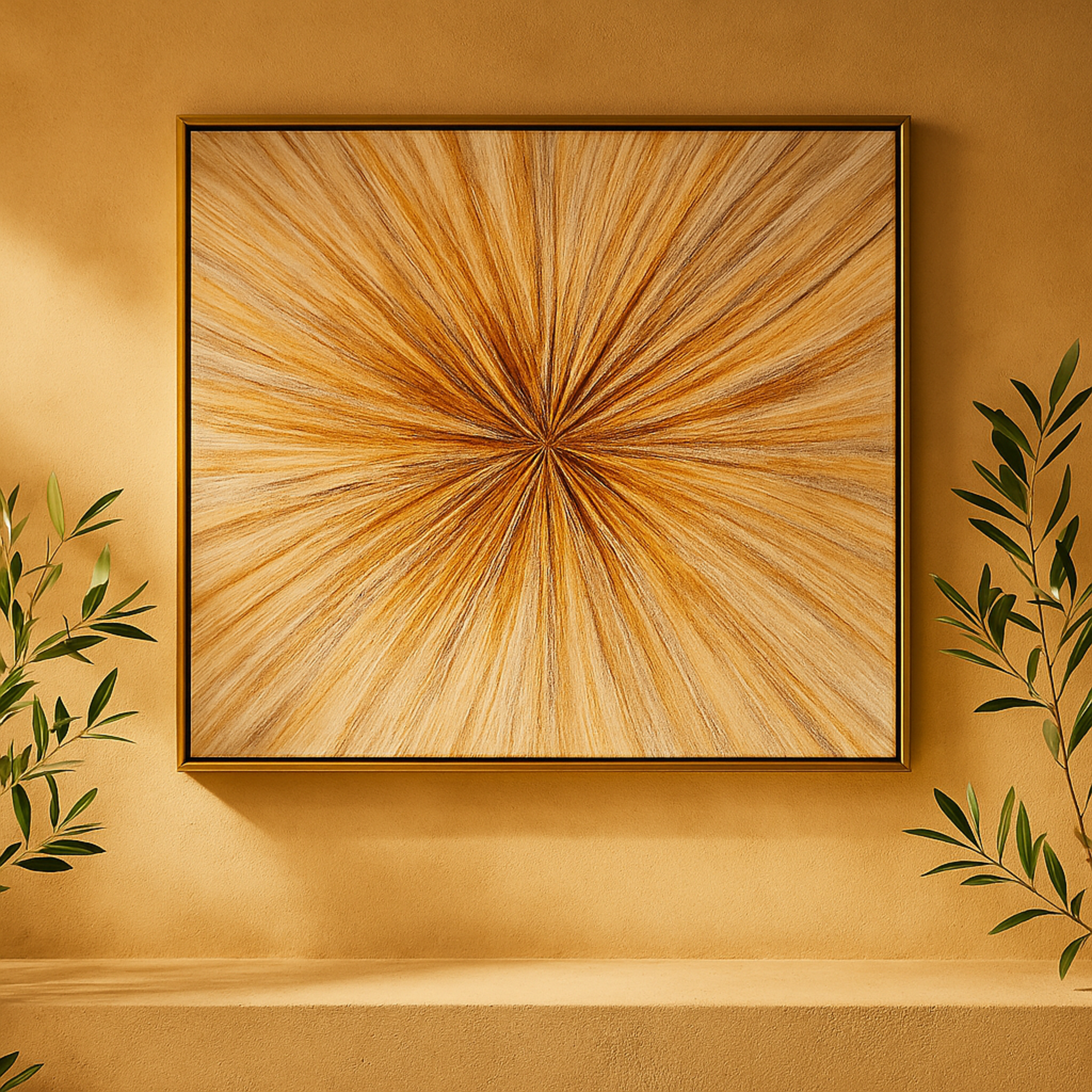 Starburst Brown Canvas Radial Living Room Framed Wall Art with Gold Frame