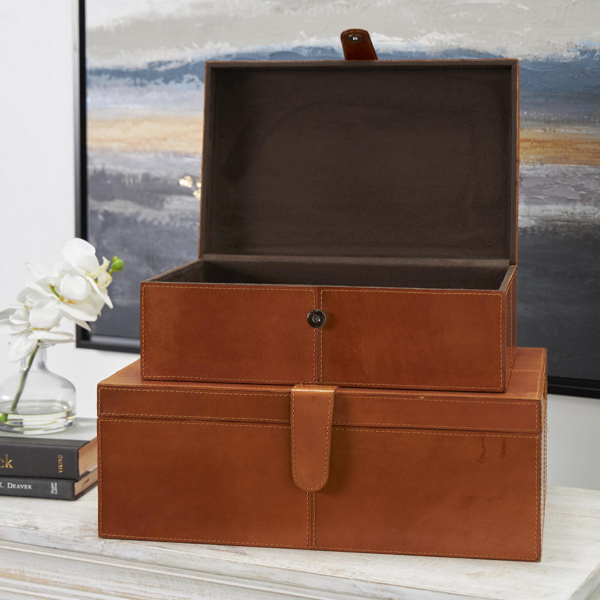 Set of 2 Leather Handmade Cowhide Storage Decorative Box with Stitching Detail