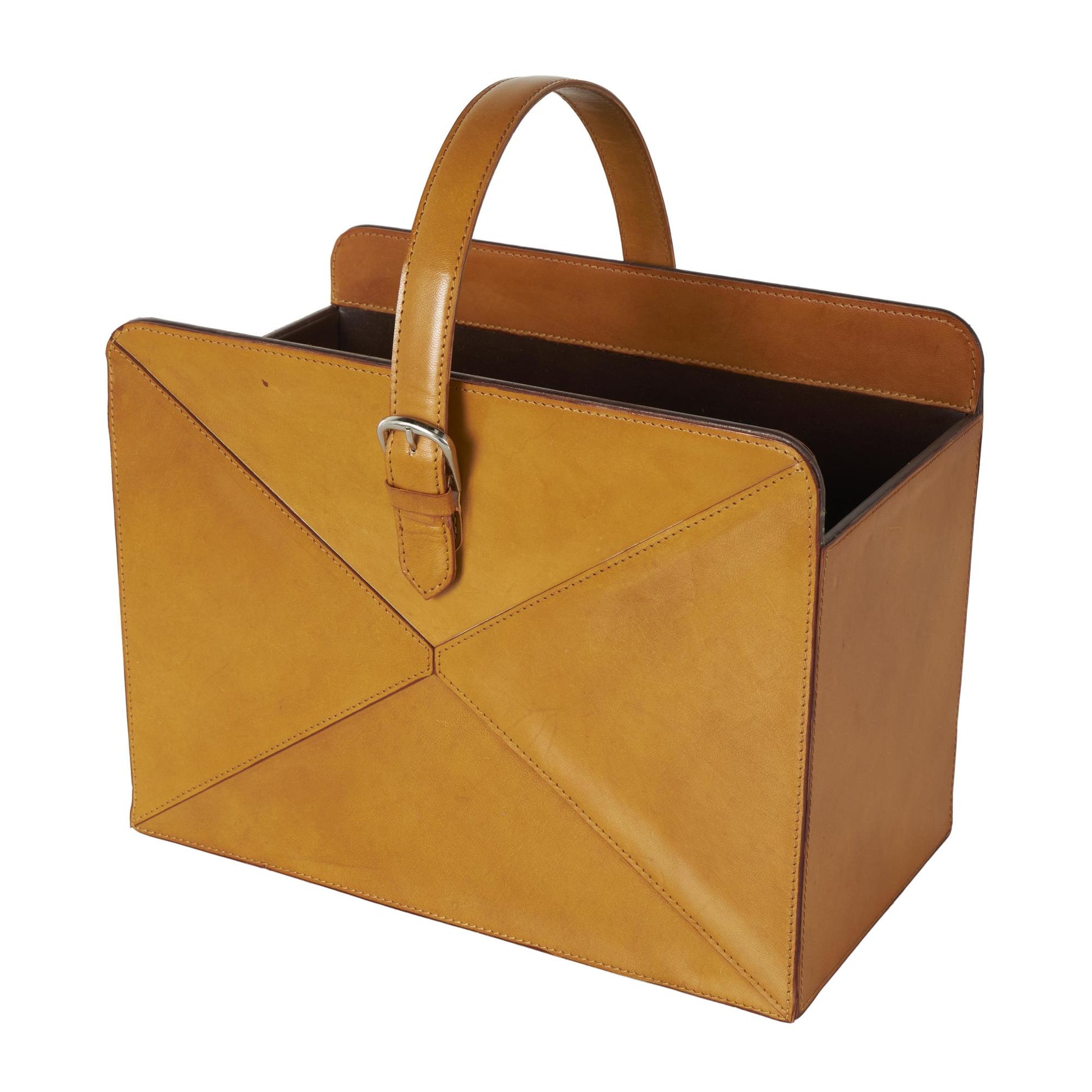 Leather Handmade Box Style Single Slot Decorative Magazine Holder with Detail Stitching and Curved Buckle Handles 16" x 11" x 17"