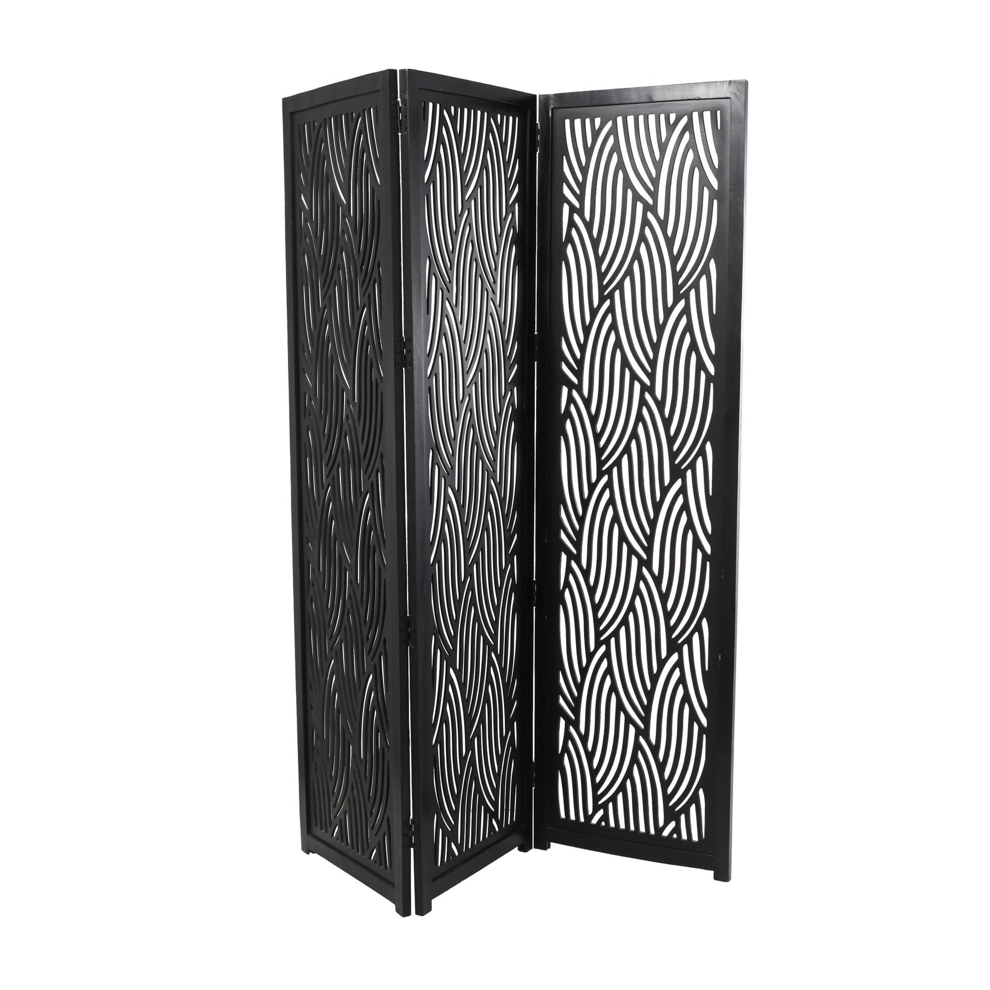 Abstract Black Mango Wood Wavy Cutout 3 Panel Partition Room Divider Screen