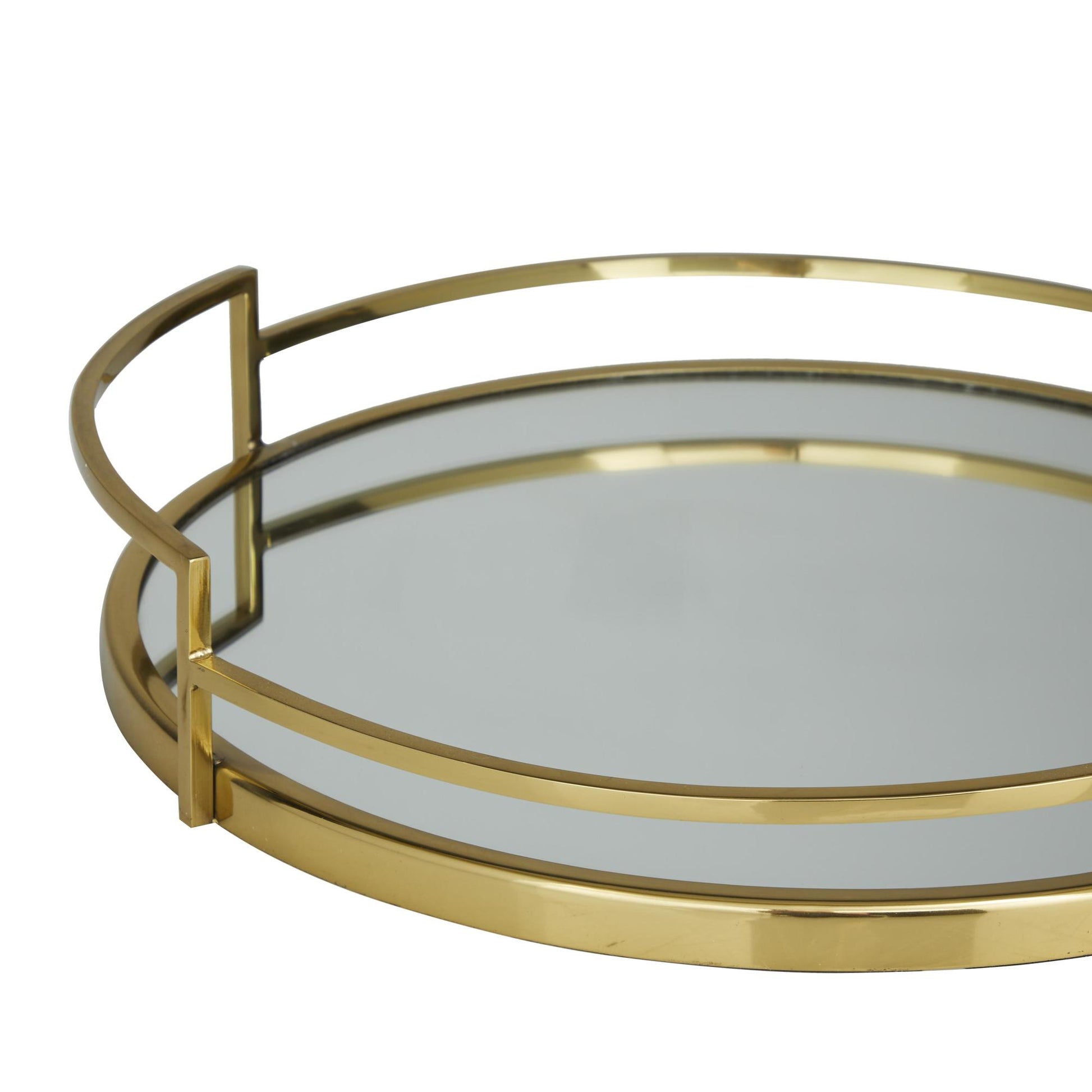 Set of 2 Stainless Steel Metal Round Mirrored Living Room Decor Tray with Elevated Rim and Handles