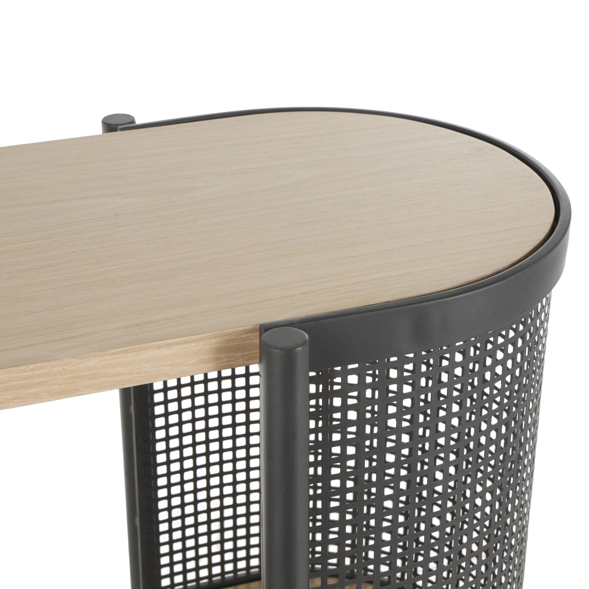 Light Brown Wooden Oval Two-Toned Living Room Console Table with Mesh Side Panels and Brown Wood Tabletop