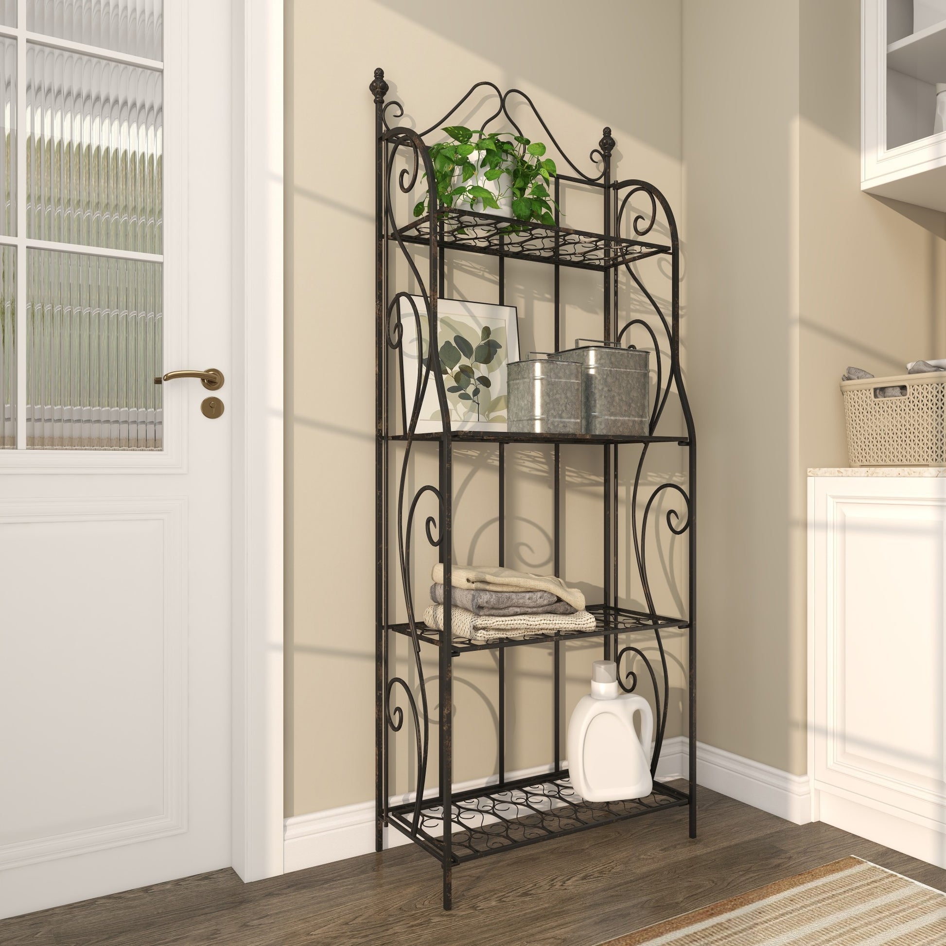 Scroll Black Metal Indoor Outdoor Tall Folding 4 Shelf Decorative Bakers Rack