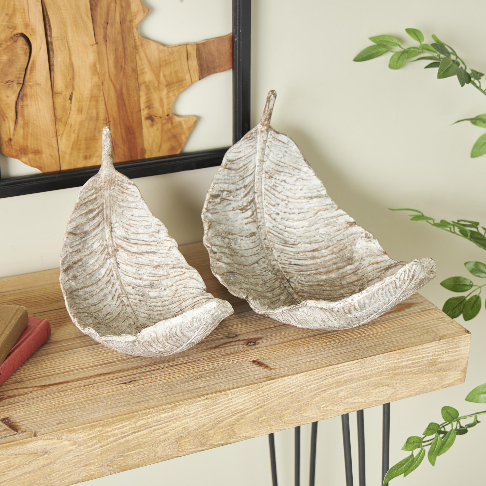 Set of 2 Leaf Champagne Resin Textured Large Decorative Bowl with Brown Details