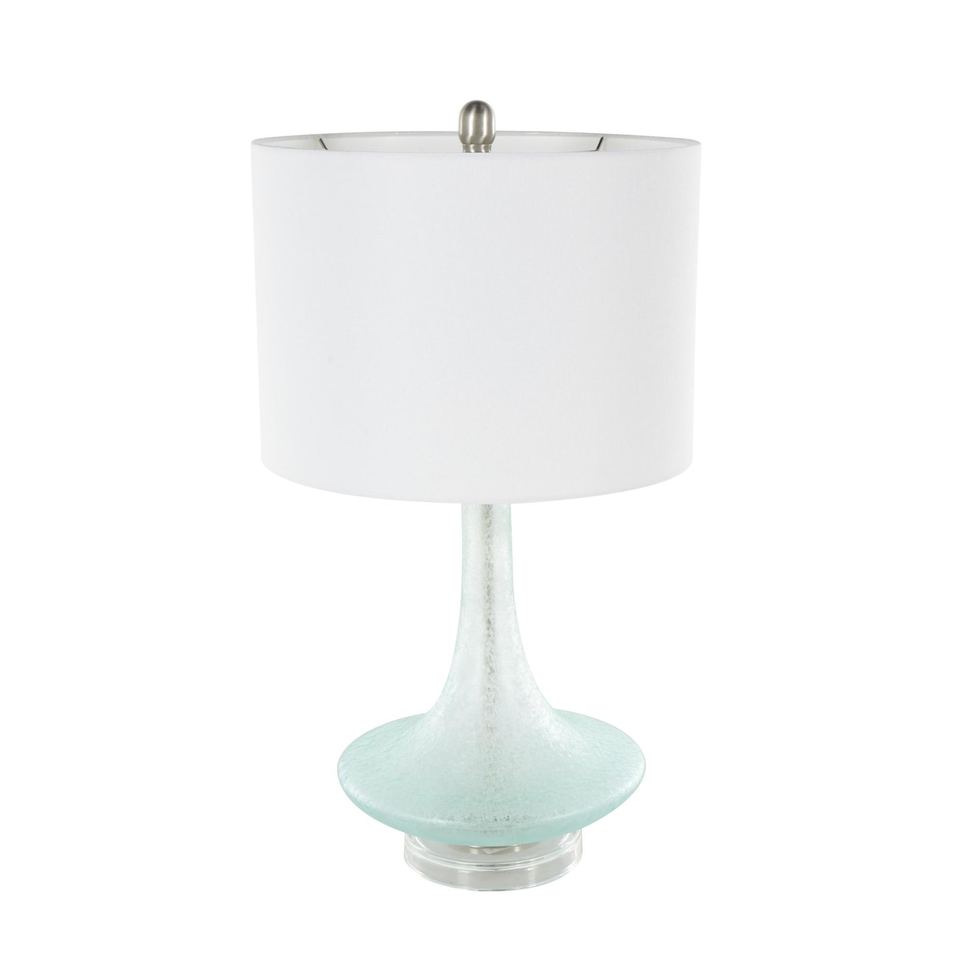 Teal Glass Textured Frosted Round Room Table Lamp with White Drum Shade and Silver Base