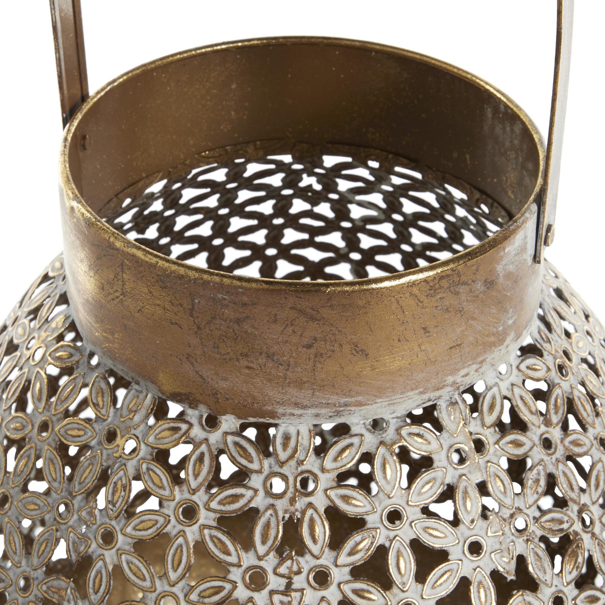 Moroccan Gold Metal Laser Cut Metal Decorative Indoor Outdoor Candle Lantern with Handle