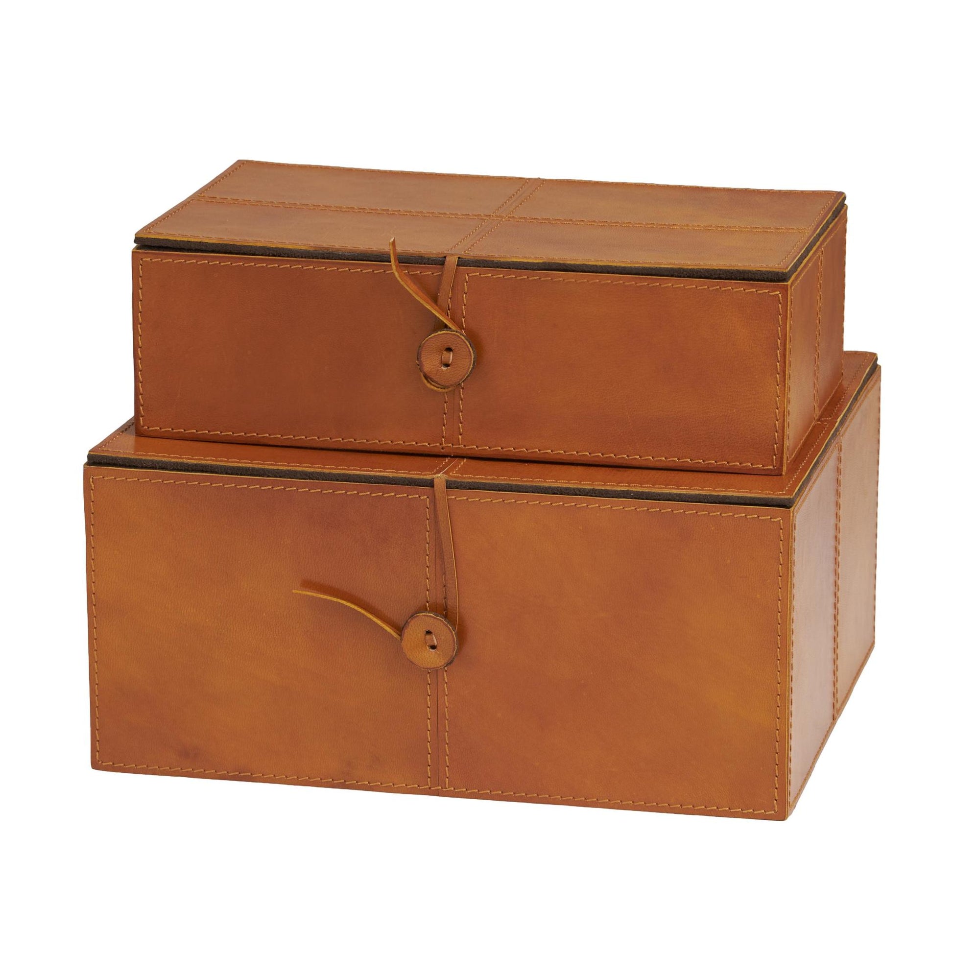 Set of 2 Leather Handmade Cowhide Storage Decorative Box with Leather Loop Closure and Stitching Detail