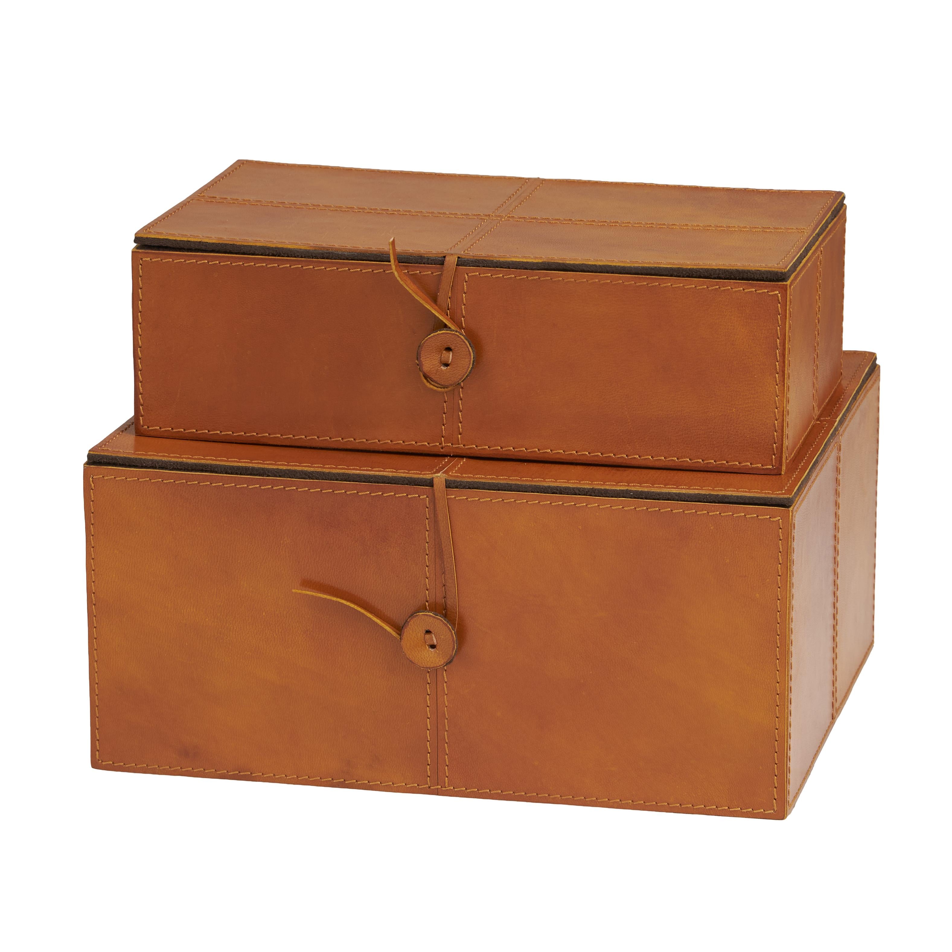 Set of 2 Leather Handmade Cowhide Storage Decorative Box with Leather Loop Closure and Stitching Detail