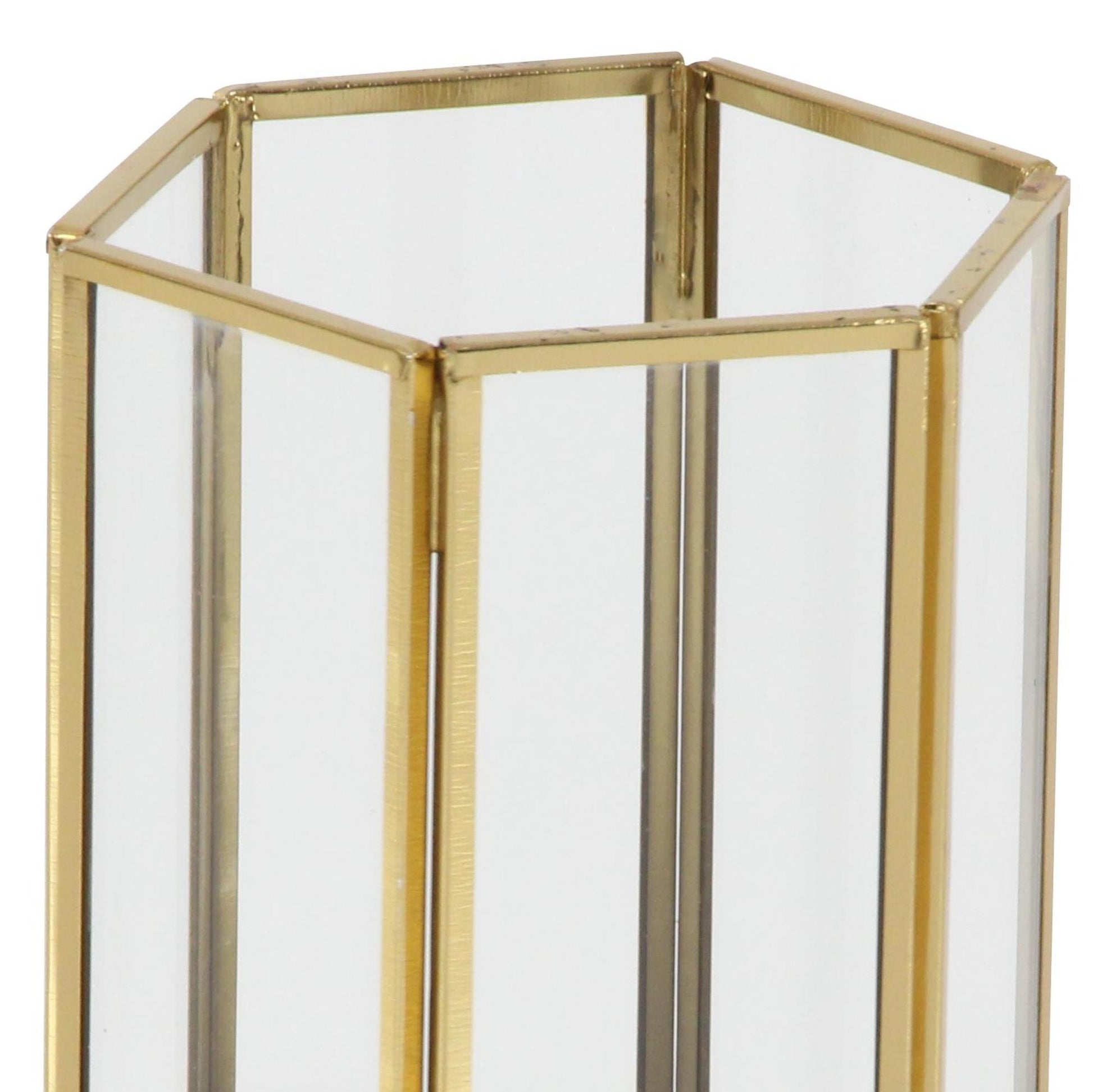 CosmoLiving by Cosmopolitan Set of 3 Gold Glass Decorative Indoor Outdoor Candle Lantern with Metal Plate