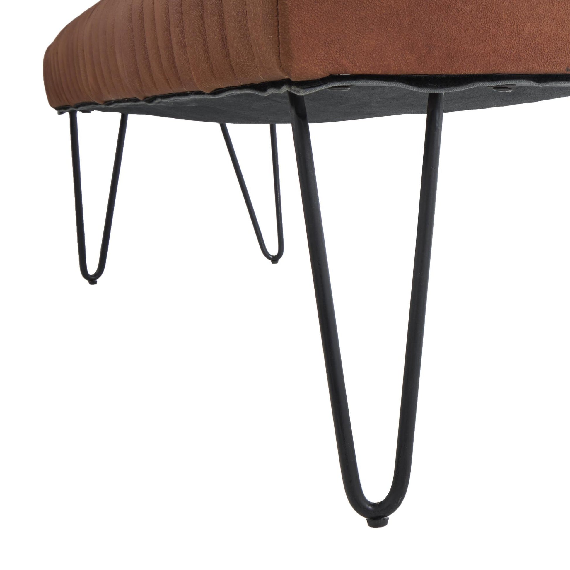 Leather Upholstered Home Bench with Linear Tufted Panels and Black Metal Hairpin Legs