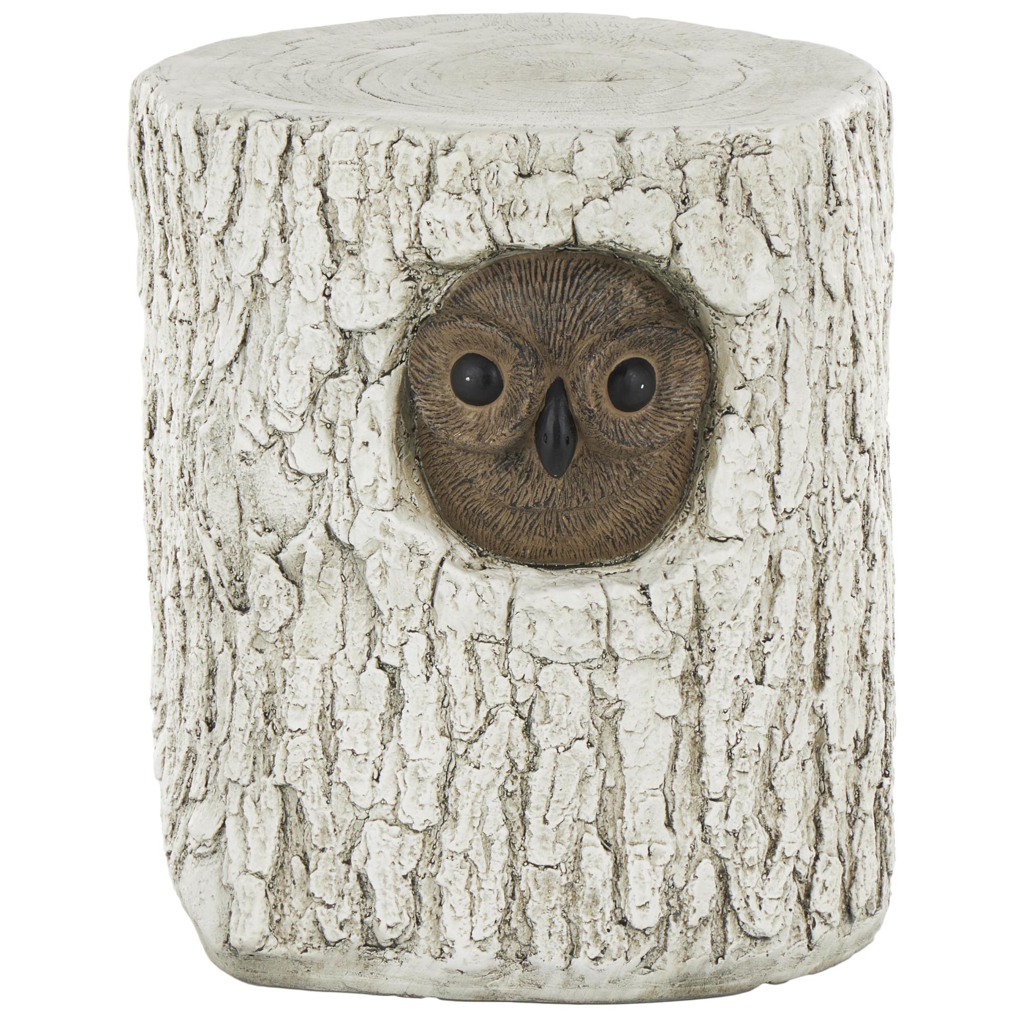 Owl White Magnesium Oxide Tree Trunk Decorative Garden Stool with Brown Accents