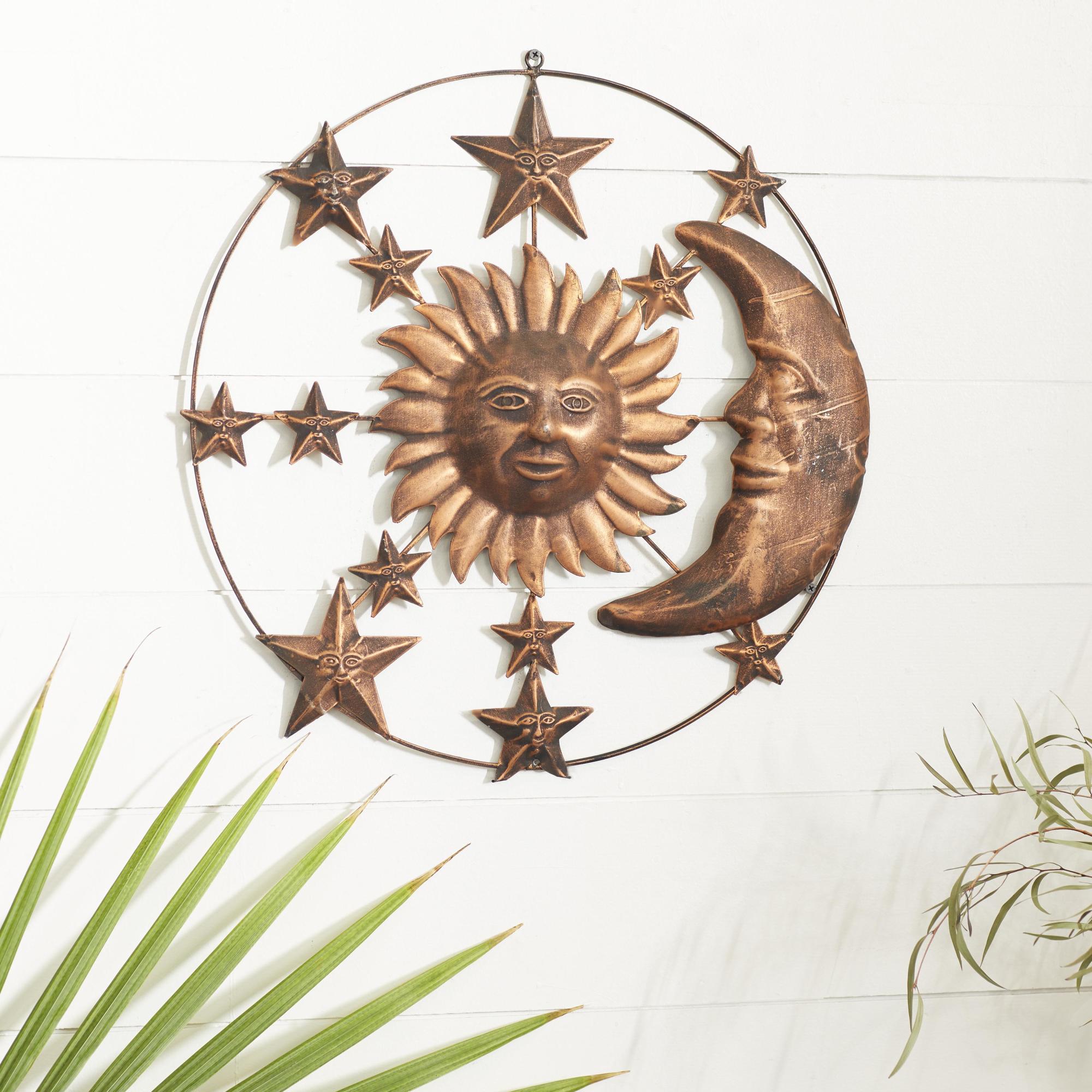 Sun and Moon Bronze Metal Indoor Outdoor Home Wall Decor with Stars