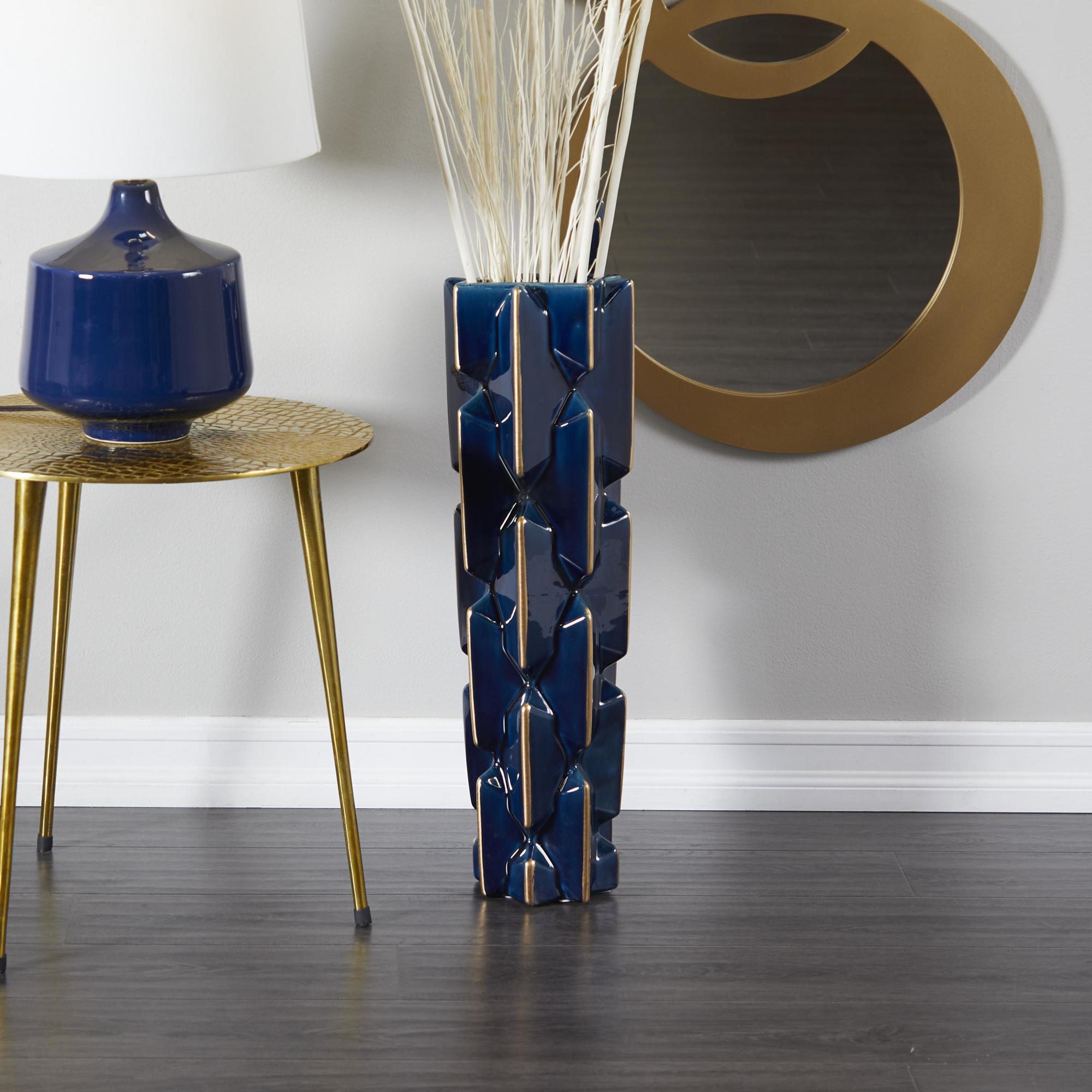 Blue Ceramic Faceted Decorative Vase with Gold Accents