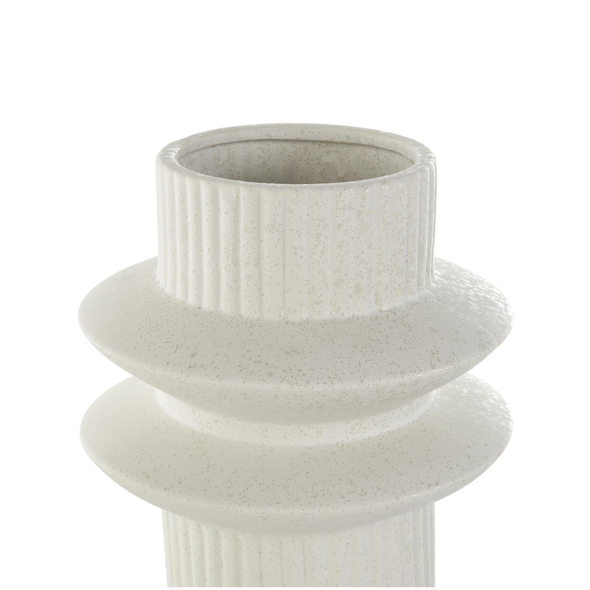 Set of 2 Abstract White Ceramic Ribbed Decorative Vase with Speckled Texturing